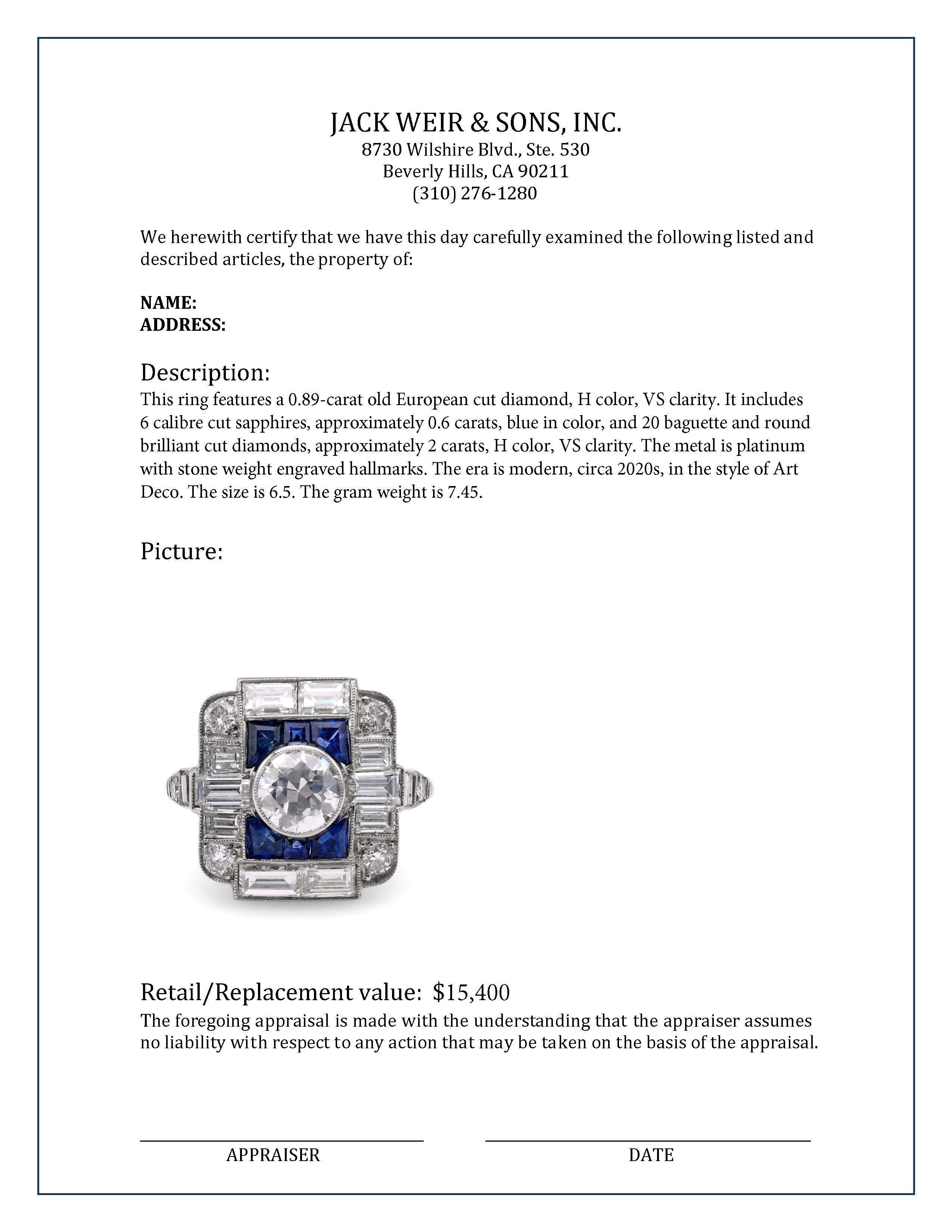 Anillo de Cóctel de Platino con Zafiro y Diamantes de 0,89 Quilates Inspirado en el Art Decó en Excelente estado para la venta en Beverly Hills, CA