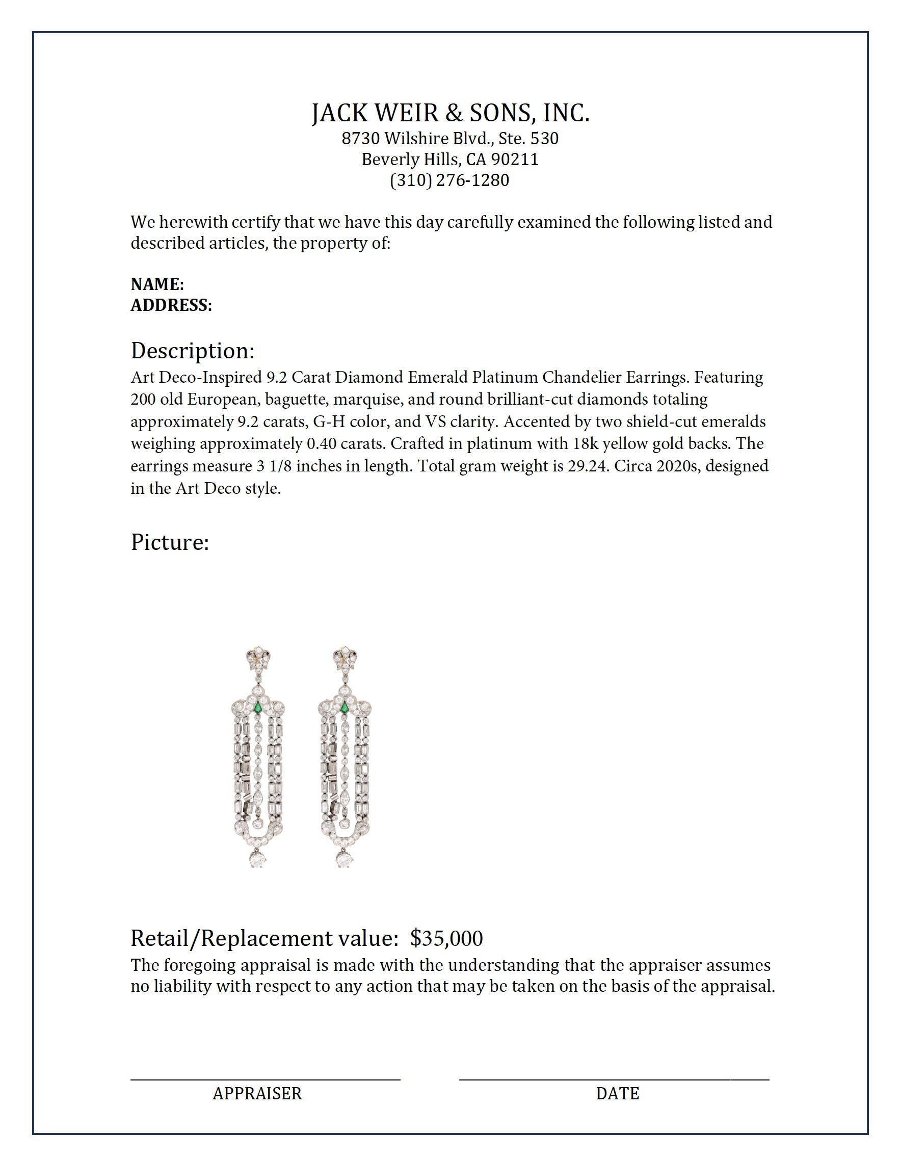 Art Deco inspired 9.2 carat diamond emerald platinum chandelier earrings In Excellent Condition For Sale In Beverly Hills, CA