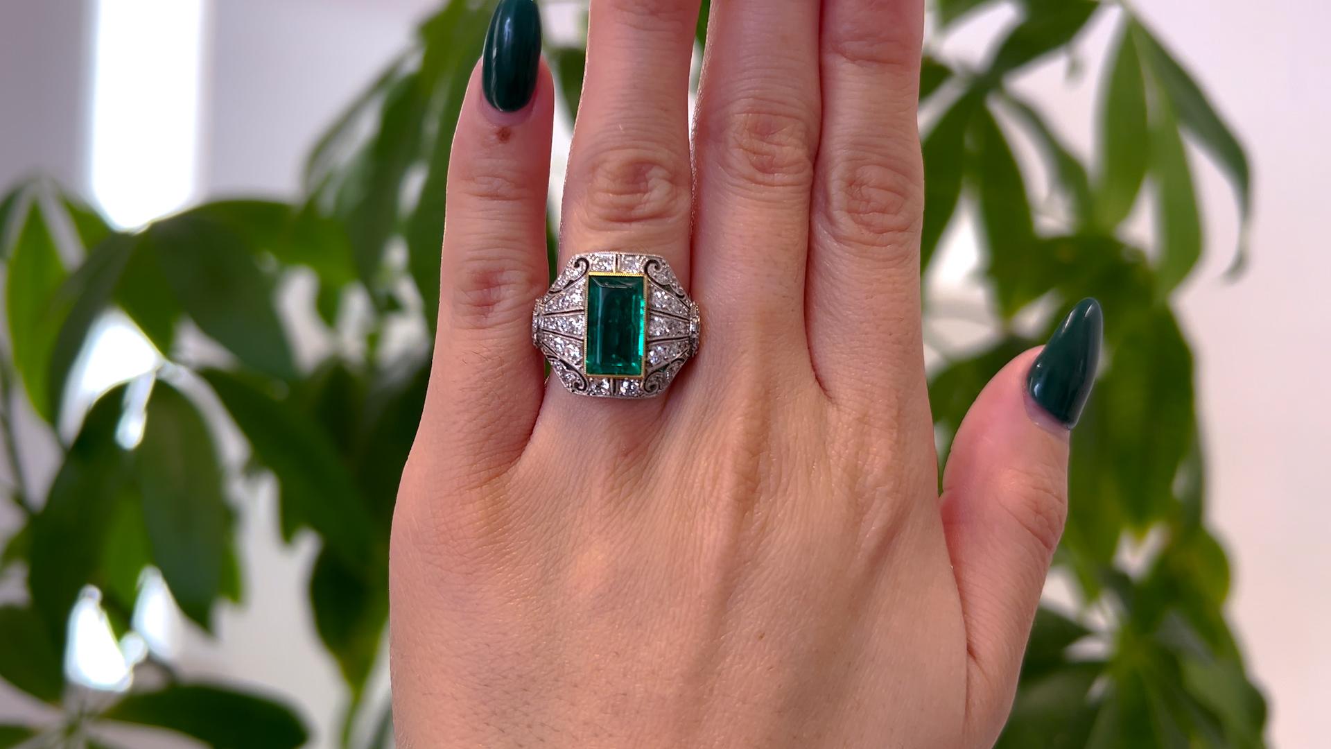 Old European Cut Art Deco Inspired AGL Colombian Minor Oil Emerald Diamond Platinum Ring For Sale