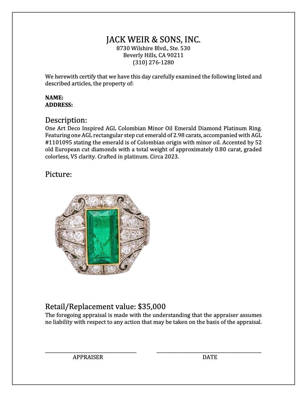 Art Deco Inspired AGL Colombian Minor Oil Emerald Diamond Platinum Ring For Sale 2