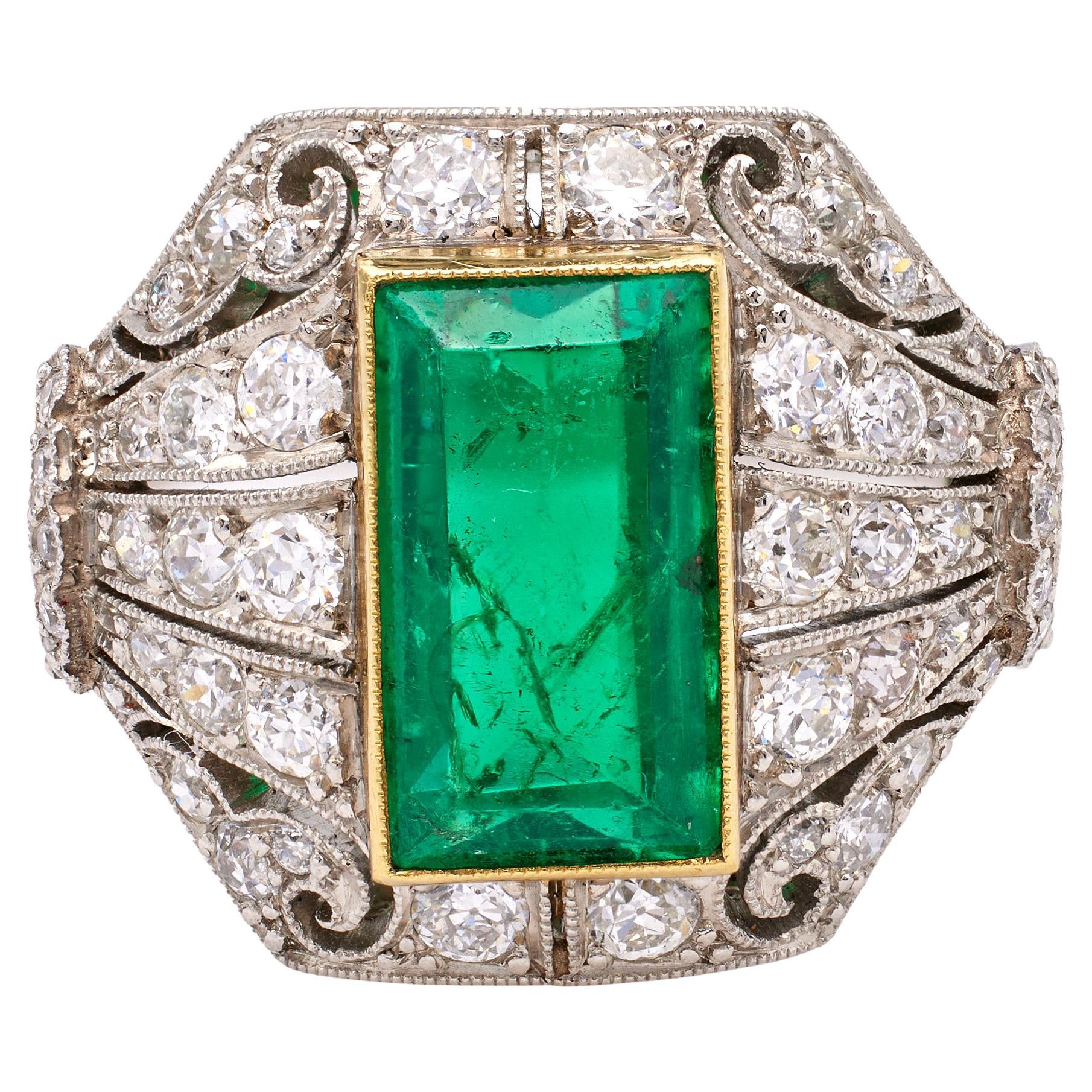 Art Deco Inspired AGL Colombian Minor Oil Emerald Diamond Platinum Ring For Sale