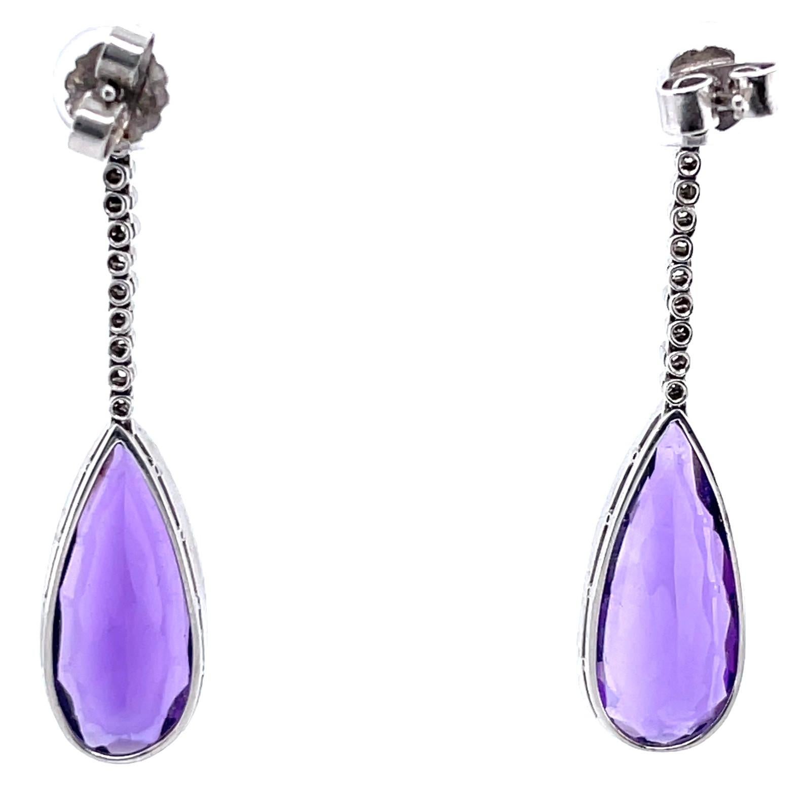 Women's or Men's Art Deco Inspired Amethyst Diamond Platinum Drop Earrings