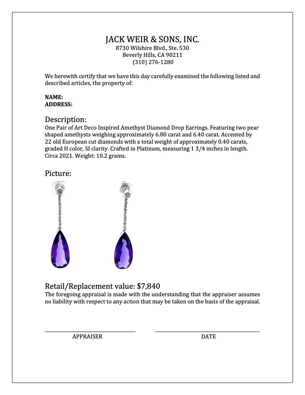 Art Deco Inspired Amethyst Diamond Platinum Drop Earrings 1