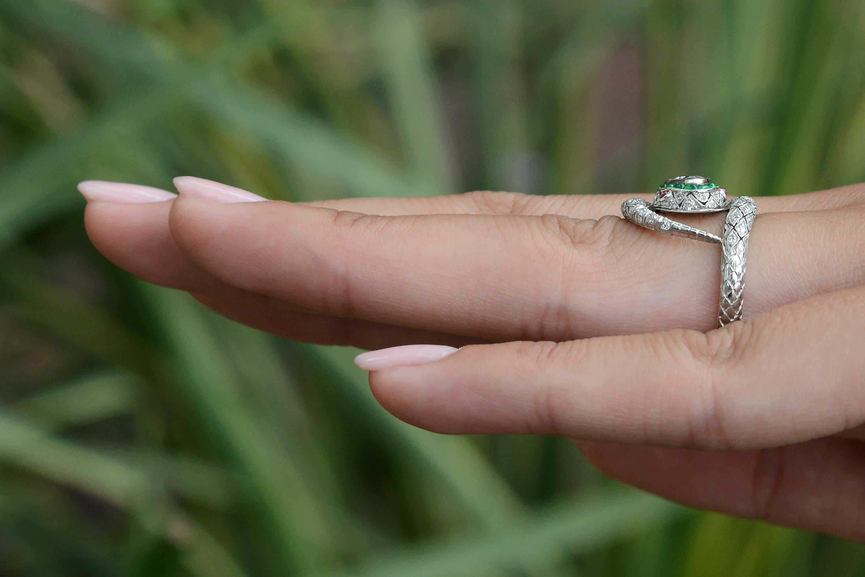 Pear Cut Art Deco Inspired Antique Diamond & Emerald Snake Ring