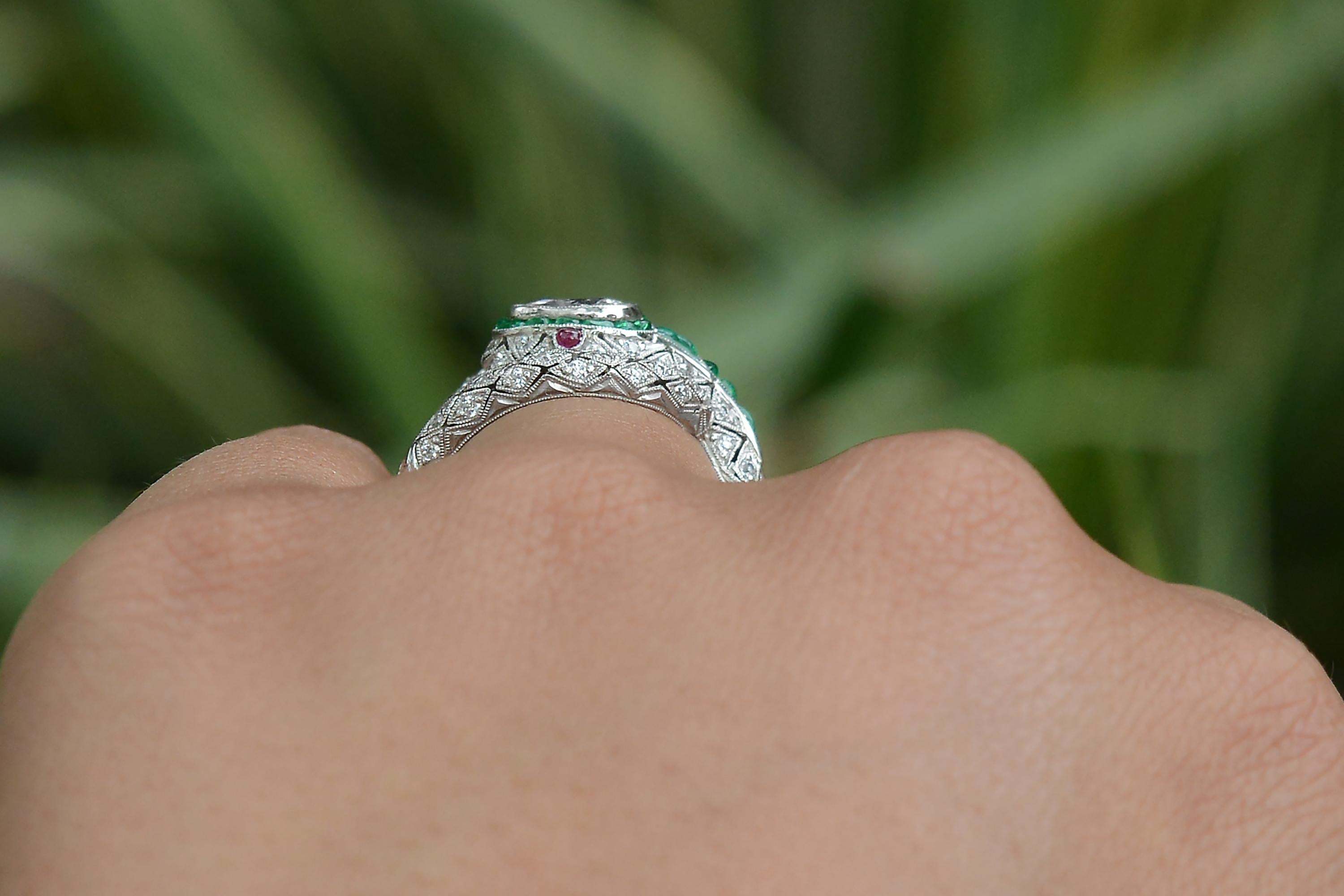 Art Deco Inspired Antique Diamond & Emerald Snake Ring In New Condition In Santa Barbara, CA