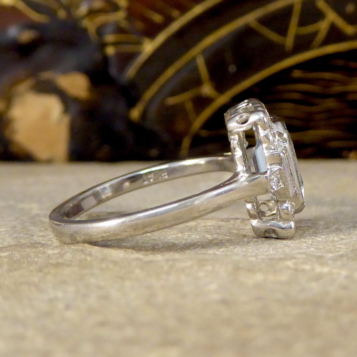 Emerald Cut Art Deco Inspired Aquamarine and Diamond Cluster Ring in Platinum For Sale