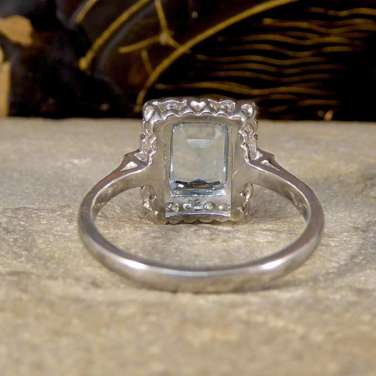 Art Deco Inspired Aquamarine and Diamond Cluster Ring in Platinum In Excellent Condition For Sale In Yorkshire, West Yorkshire