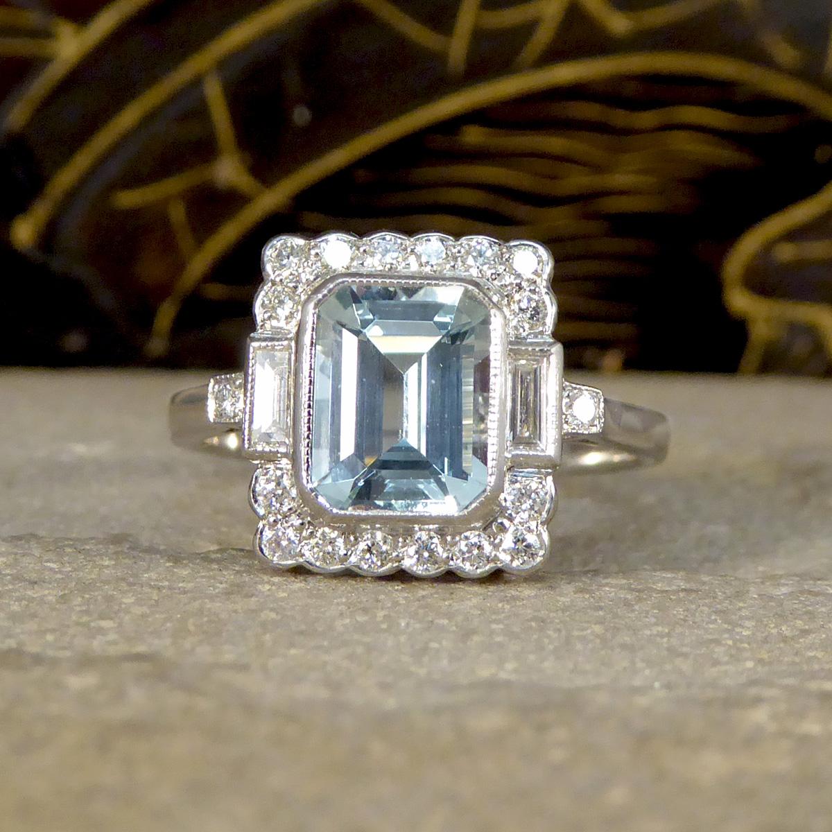 Women's or Men's Art Deco Inspired Aquamarine and Diamond Cluster Ring in Platinum For Sale
