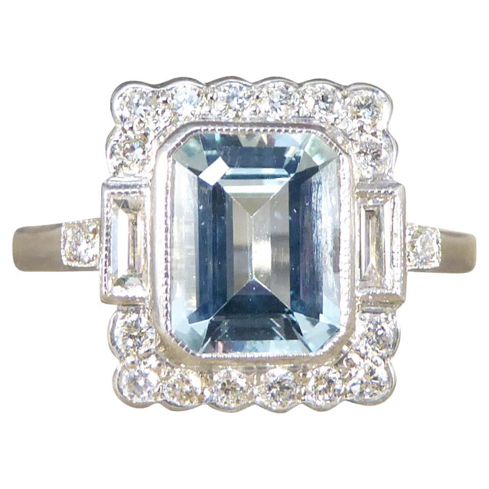 Art Deco Inspired Aquamarine and Diamond Cluster Ring in Platinum For Sale