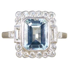 Antique Art Deco Inspired Aquamarine and Diamond Cluster Ring in Platinum