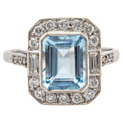 Art Deco Inspired Aquamarine and Diamond Platinum Ring