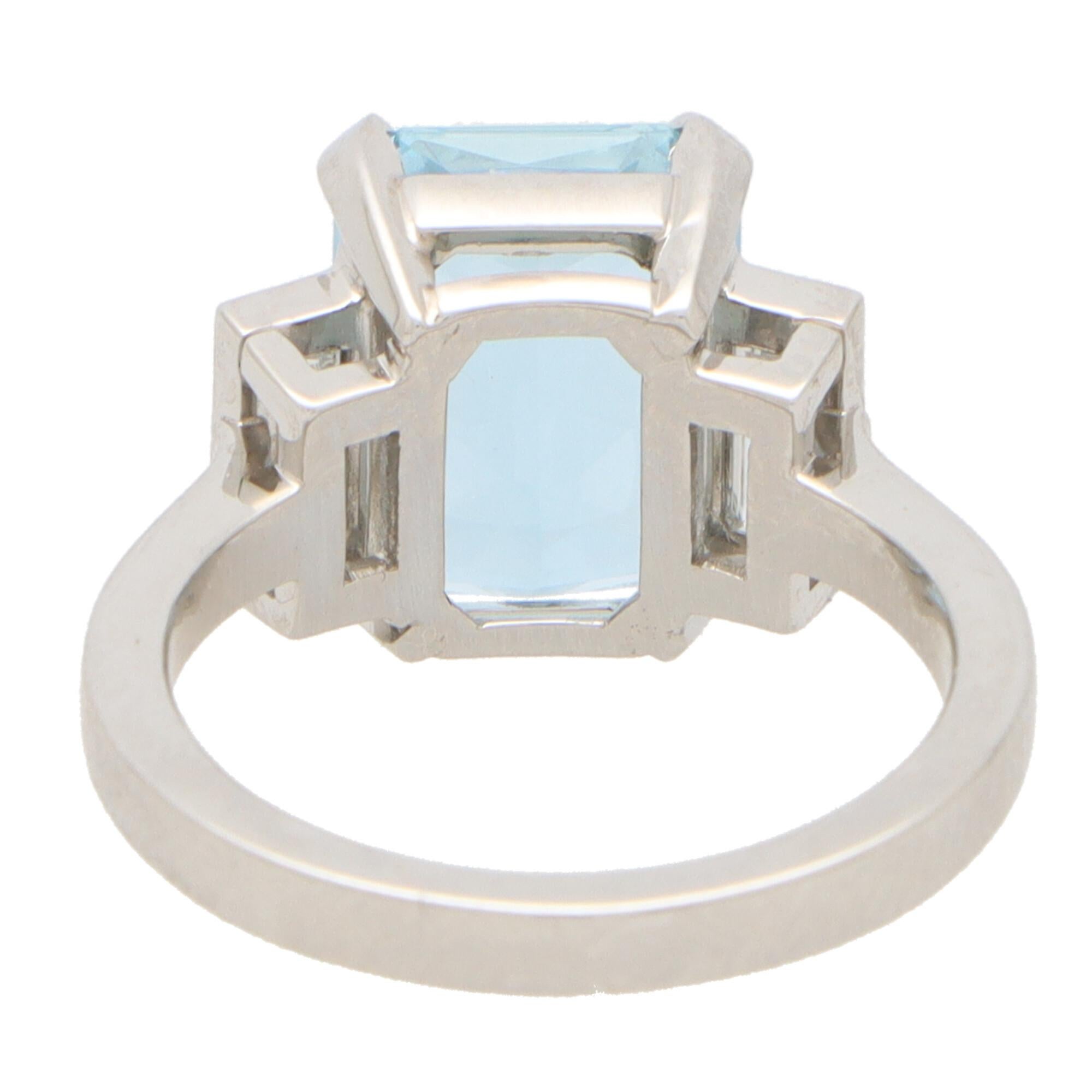 Emerald Cut Art Deco Inspired Aquamarine and Diamond Ring Set in Platinum For Sale