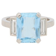 Art Deco Inspired Aquamarine and Diamond Ring Set in Platinum