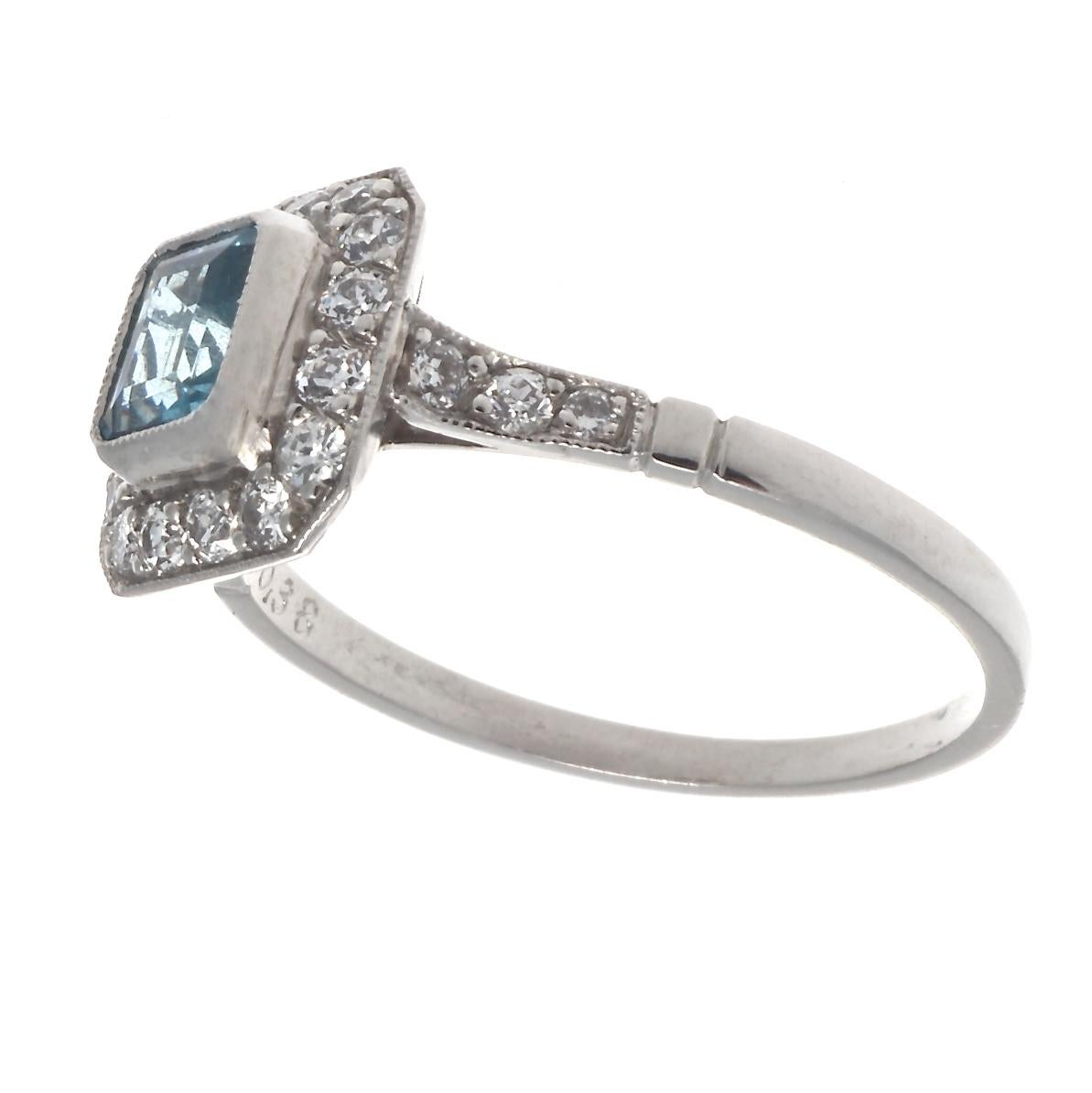 Emerald Cut Art Deco Inspired Aquamarine Diamond Platinum Halo Ring