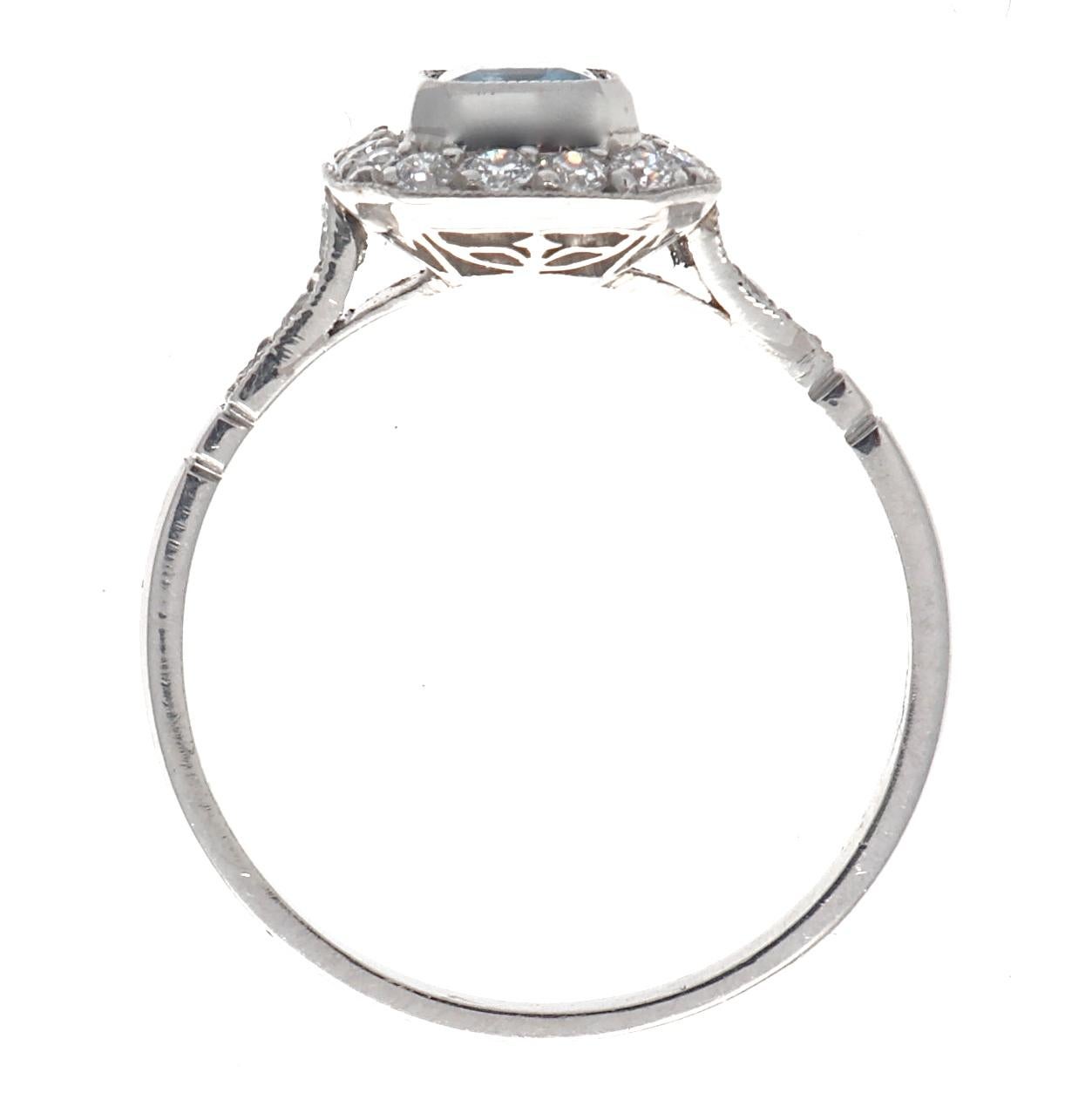 Art Deco Inspired Aquamarine Diamond Platinum Halo Ring In New Condition In Beverly Hills, CA