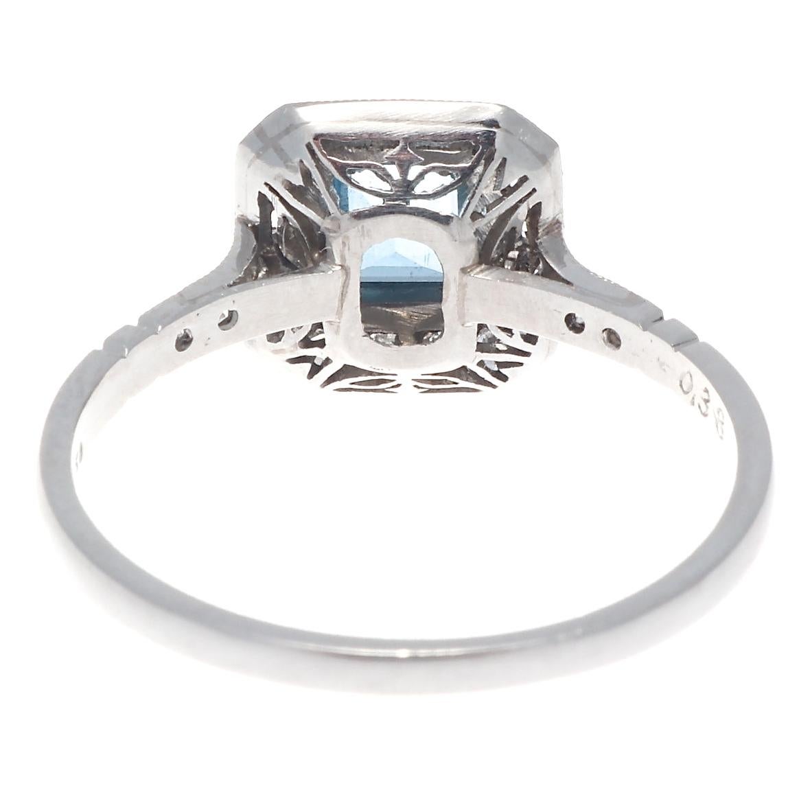 Women's Art Deco Inspired Aquamarine Diamond Platinum Halo Ring