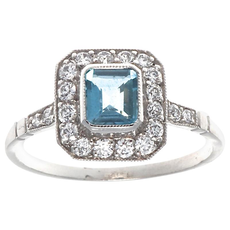 Art Deco Inspired Aquamarine Diamond Platinum Halo Ring