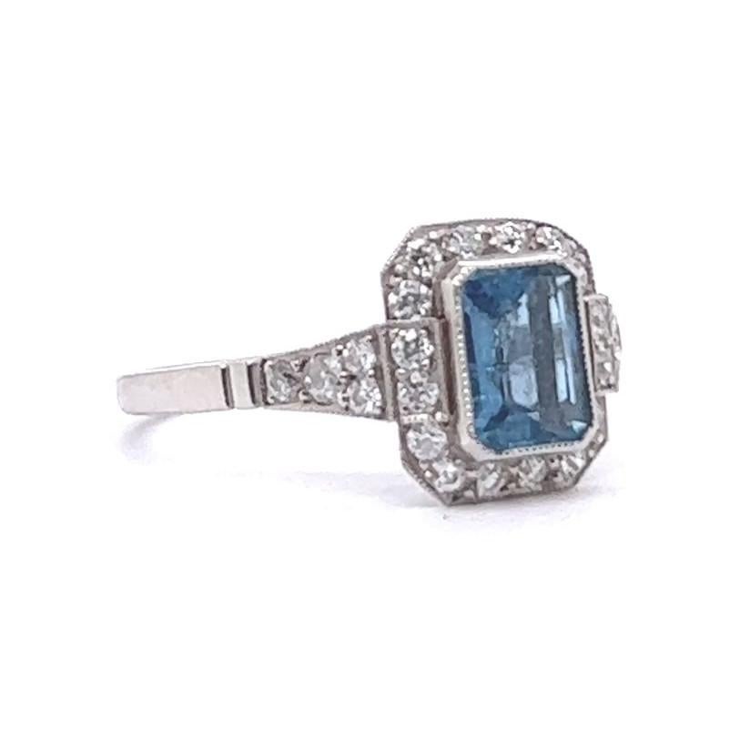 Women's or Men's Art Deco Inspired Aquamarine Diamond Platinum Ring For Sale