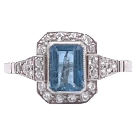 Art Deco Inspired Aquamarine Diamond Platinum Ring For Sale 1