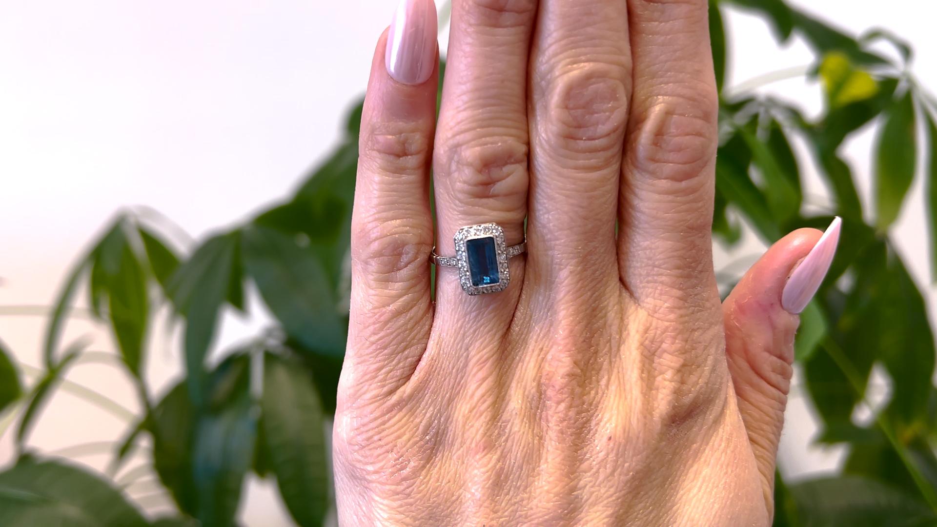 Old European Cut Art Deco Inspired Aquamarine Diamond Platinum Ring For Sale