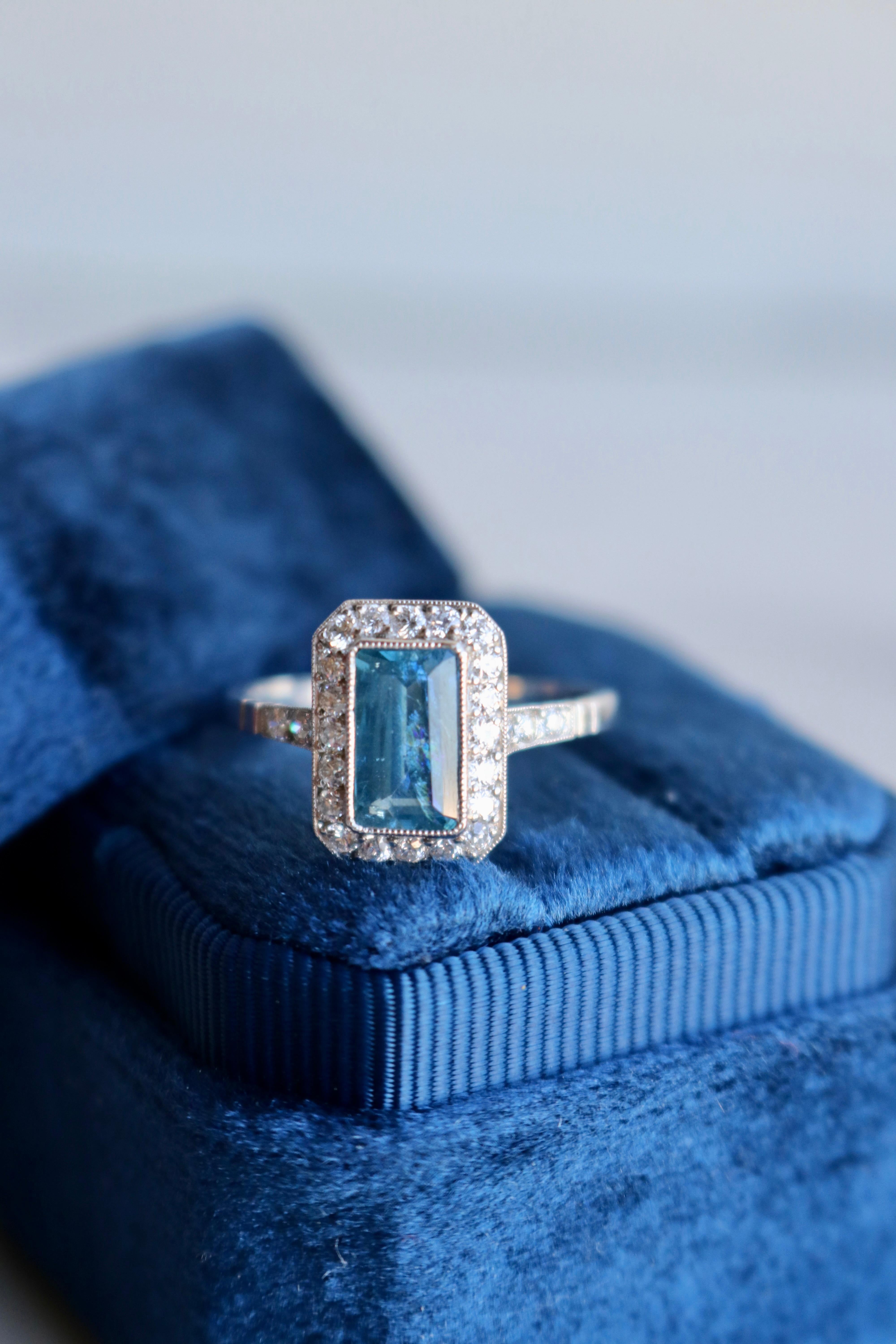 Art Deco Inspired Aquamarine Diamond Platinum Ring For Sale 1