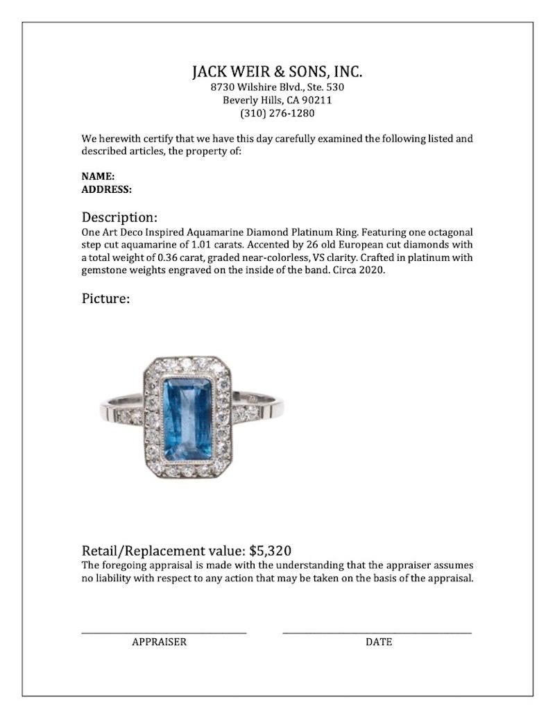 Art Deco Inspired Aquamarine Diamond Platinum Ring For Sale 2