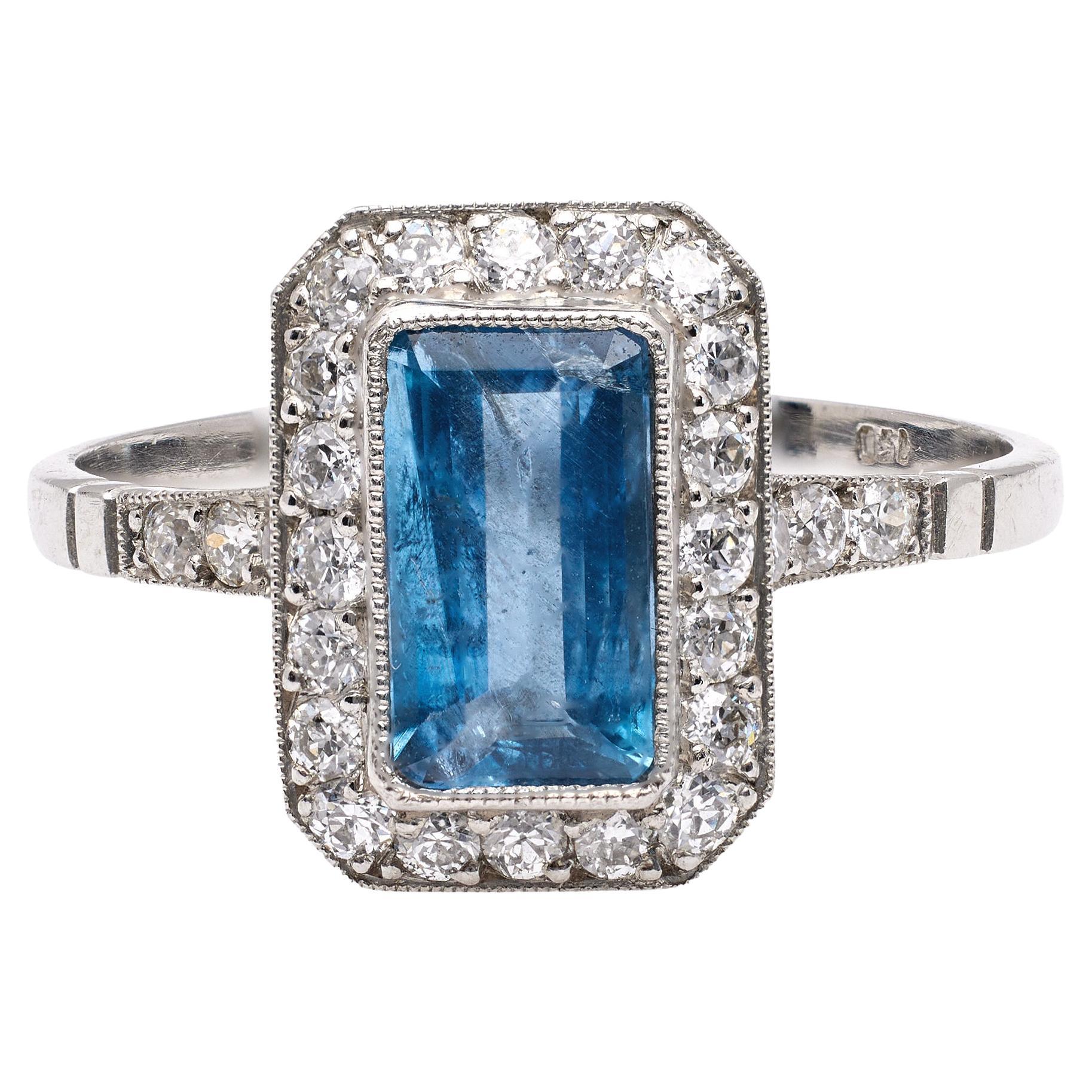 Art Deco Inspired Aquamarine Diamond Platinum Ring For Sale