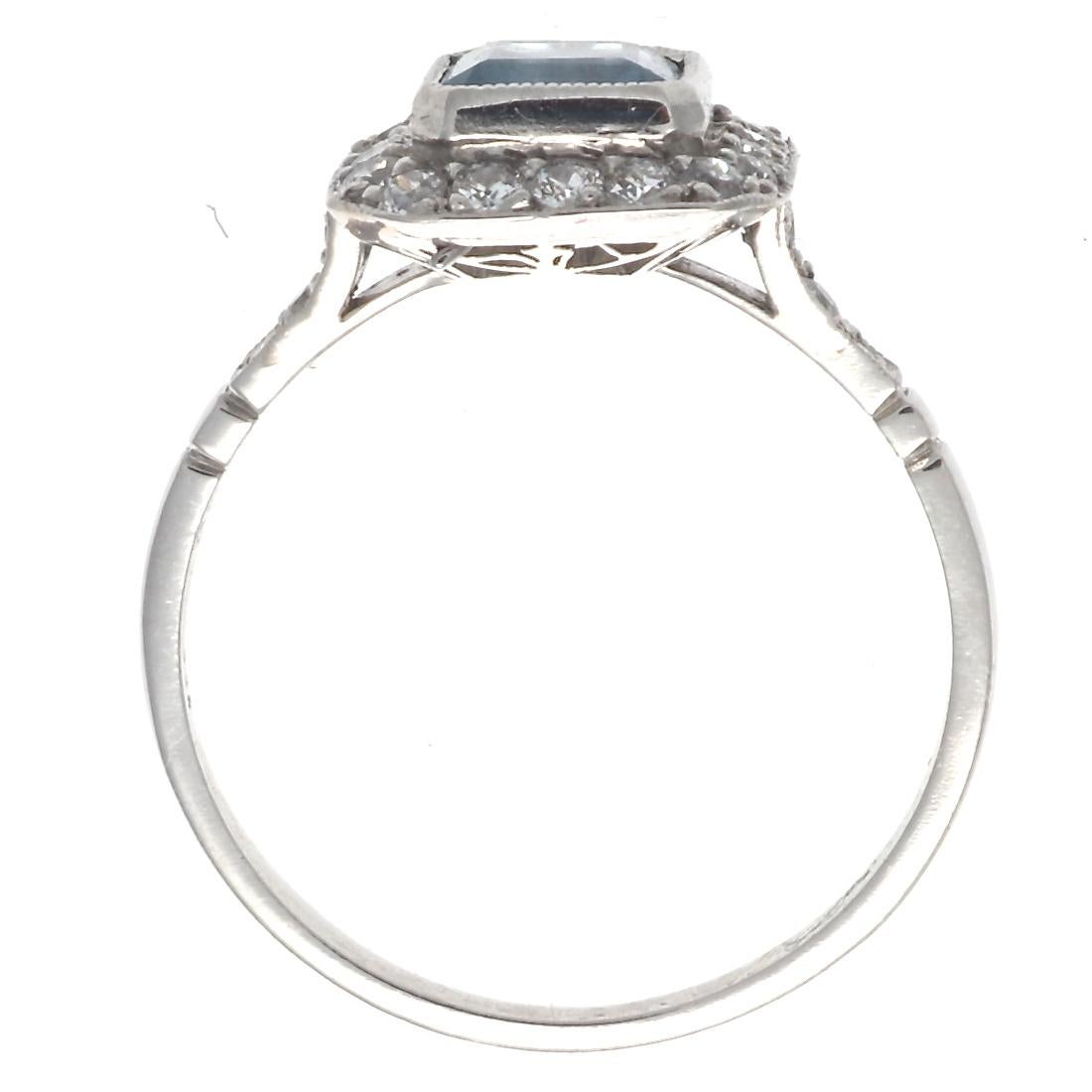 Art Deco Inspired Aquamarine Old European Cut Diamond Platinum Ring In New Condition In Beverly Hills, CA