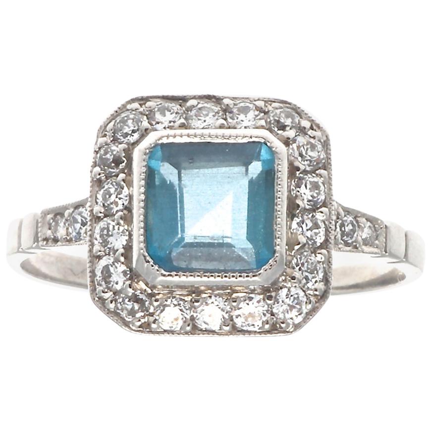 Art Deco Inspired Aquamarine Old European Cut Diamond Platinum Ring