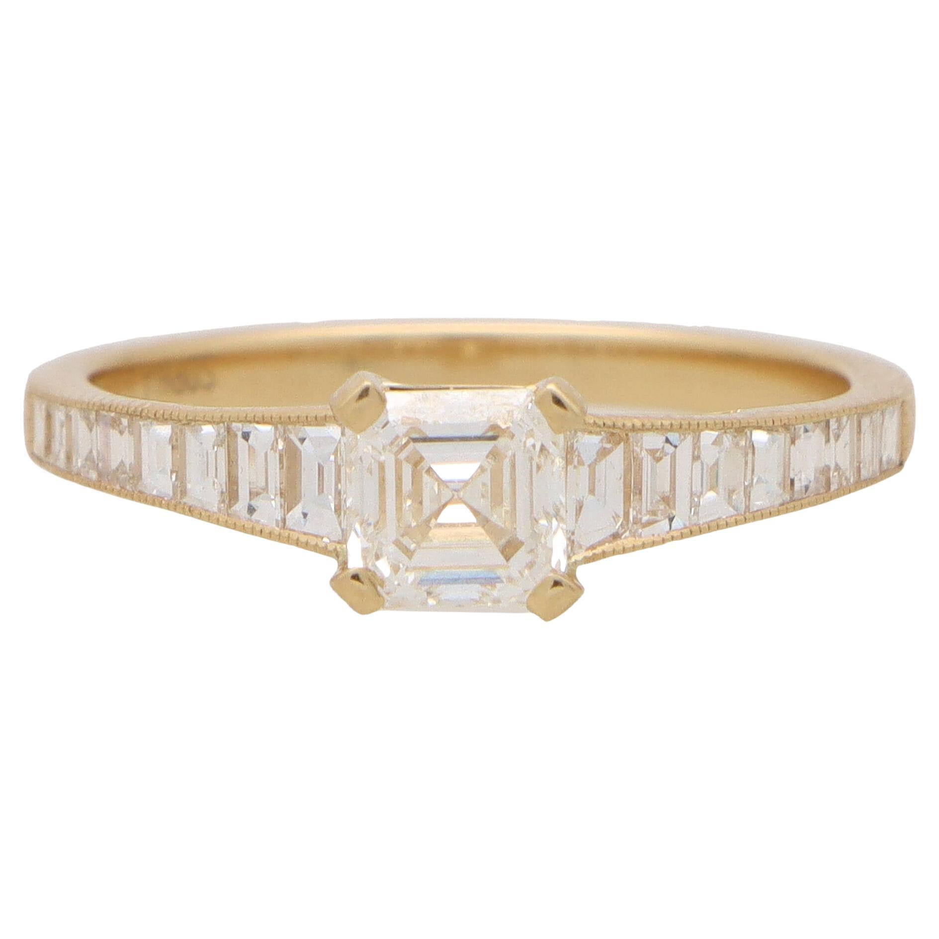 Art Deco Inspired Asscher Cut Diamond Ring in 18k Yellow Gold For Sale