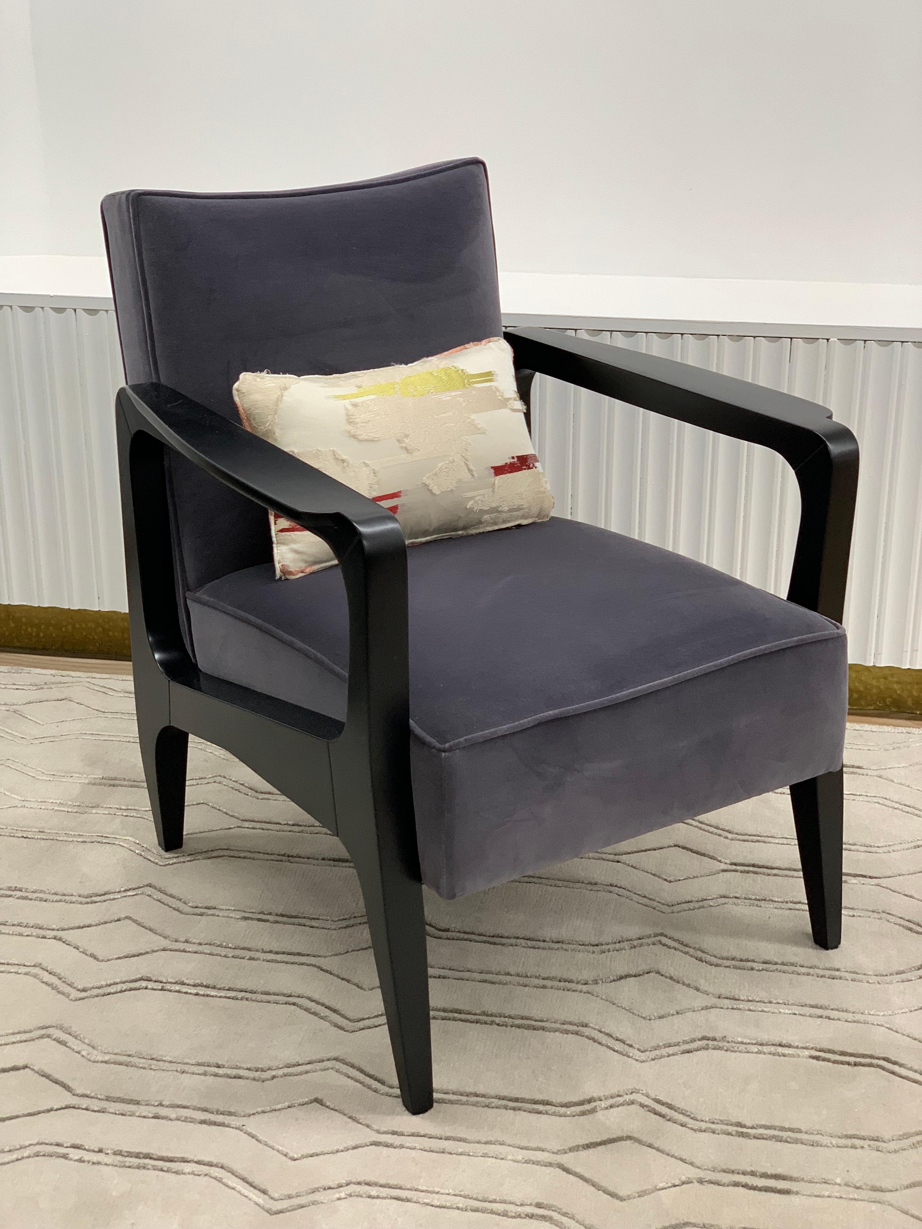 British Art Deco Inspired Atena Armchair in Beech Black Ebony and Grey Italian Velvet For Sale