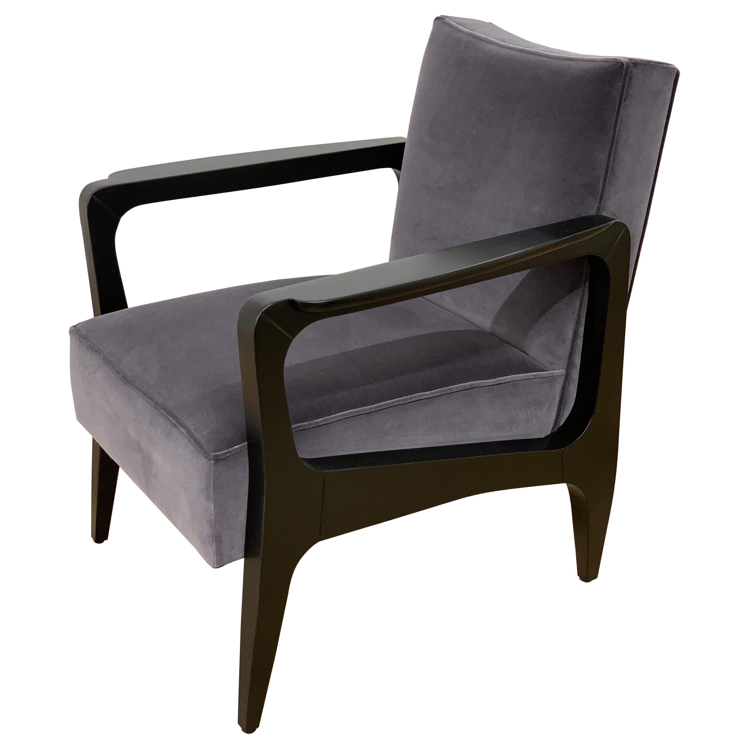 Art Deco Inspired Atena Armchair in Beech Black Ebony and Grey Italian Velvet