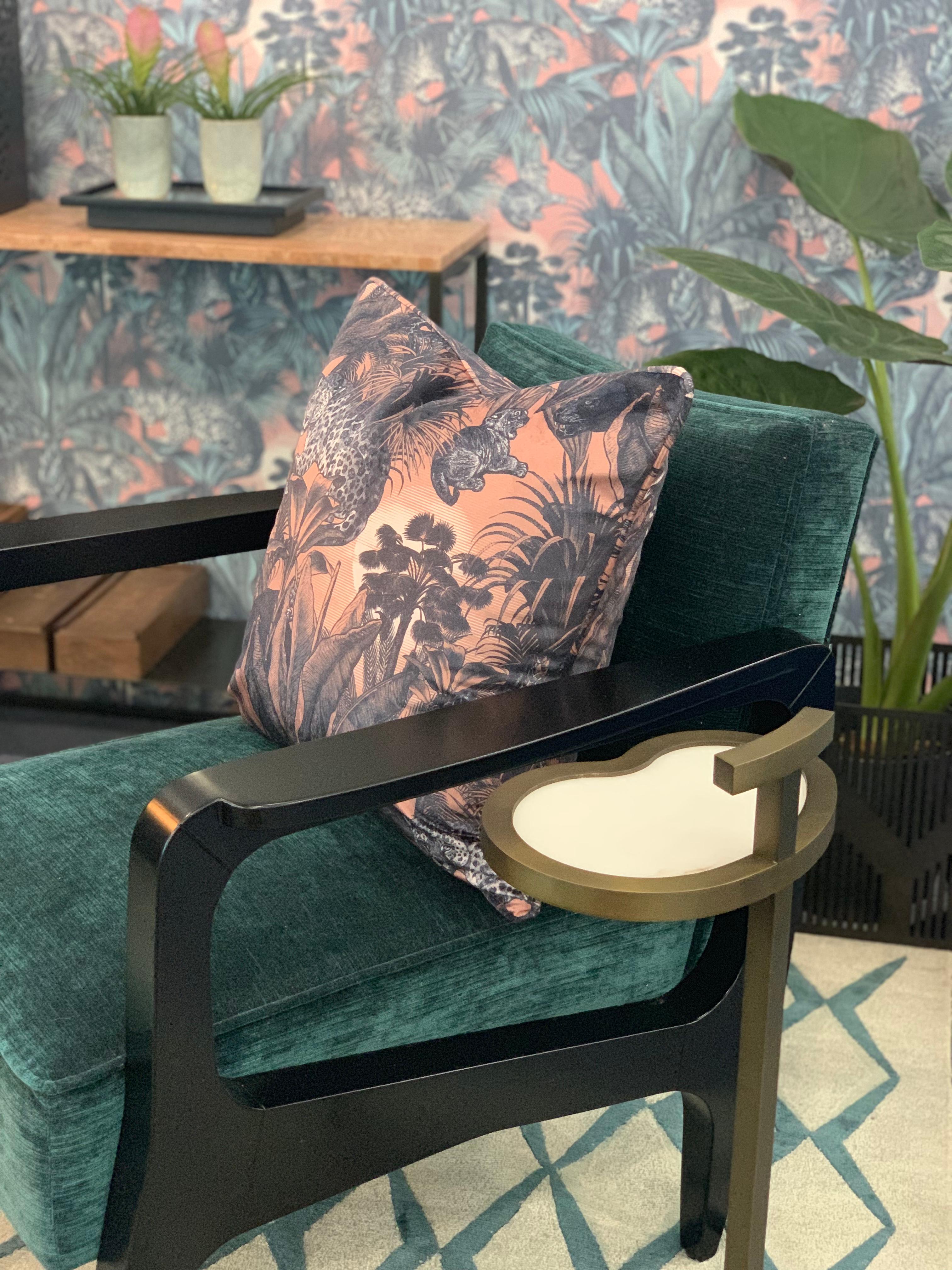Woodwork Art Deco Inspired Atena Armchair in Beech Black Ebony & Ribbed Velvet For Sale