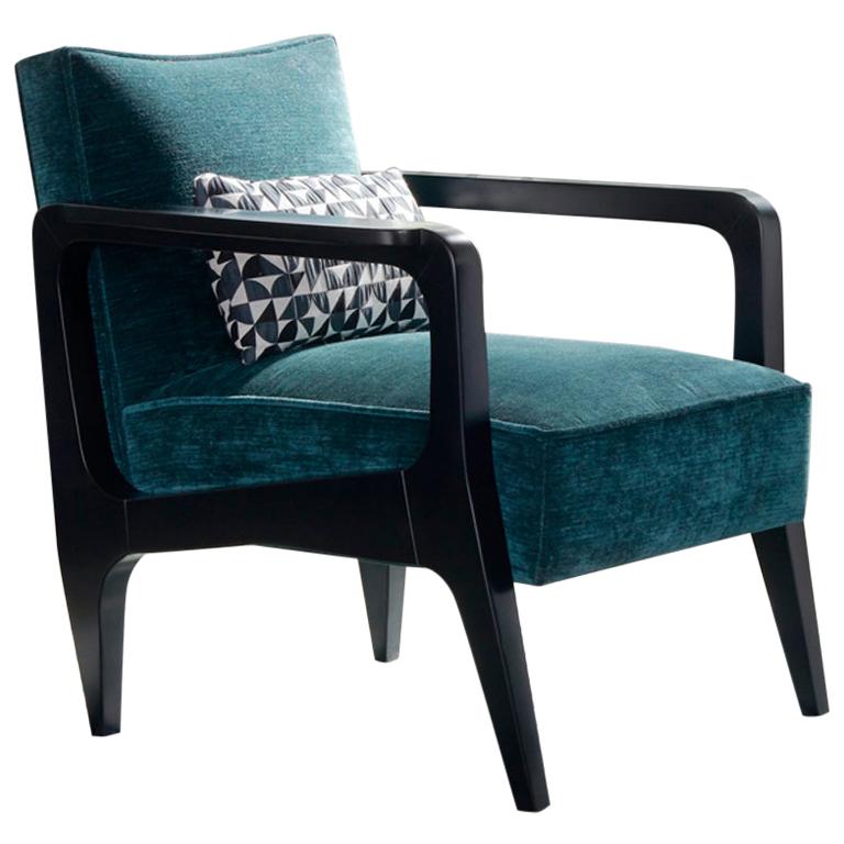 Art déco-inspirierter Atena-Sessel aus Buche, schwarzem Ebenholz und geripptem Samt