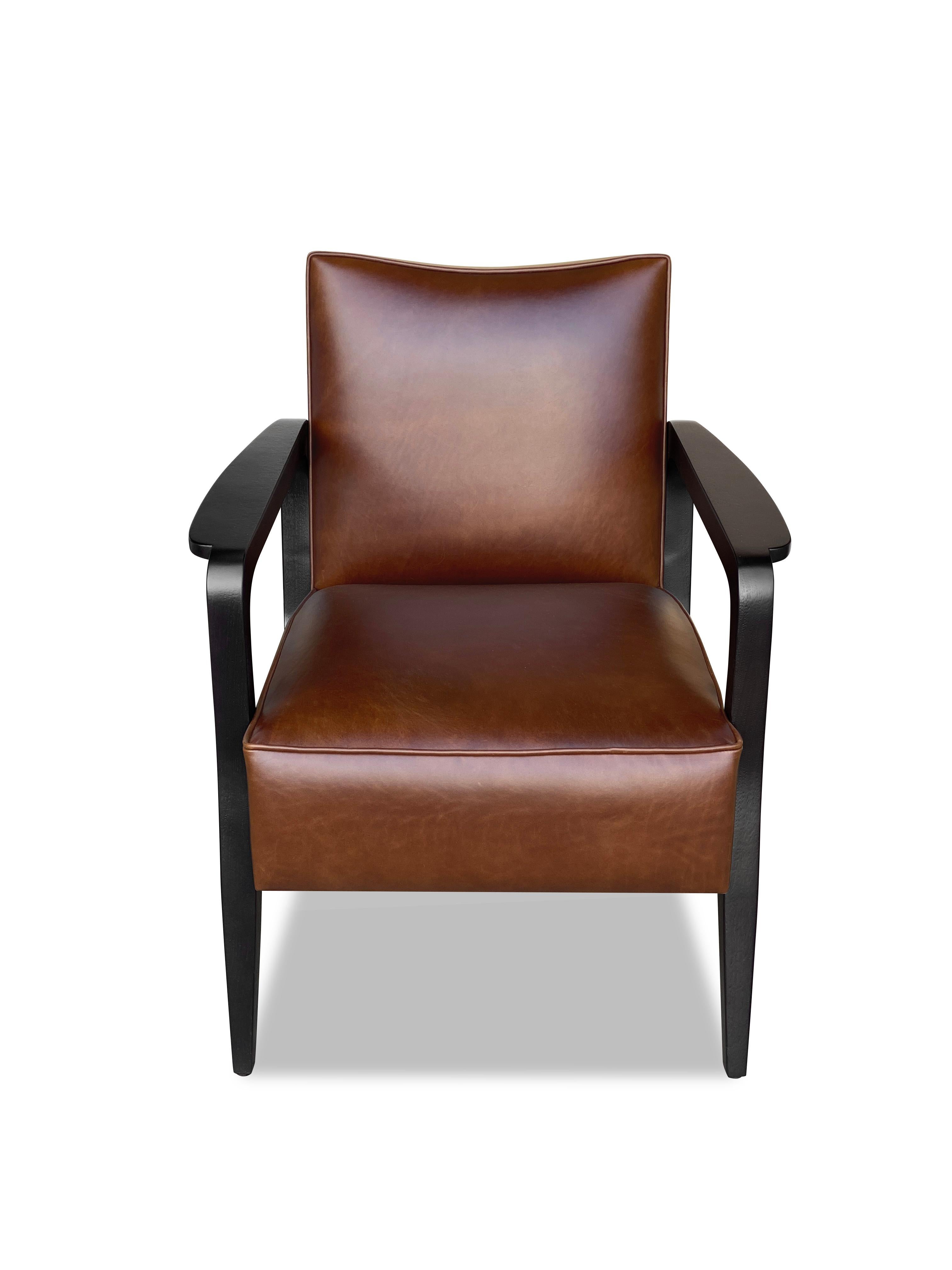 British Custom Made Atena Armchair in Walnut Black Ebony and Leather For Sale
