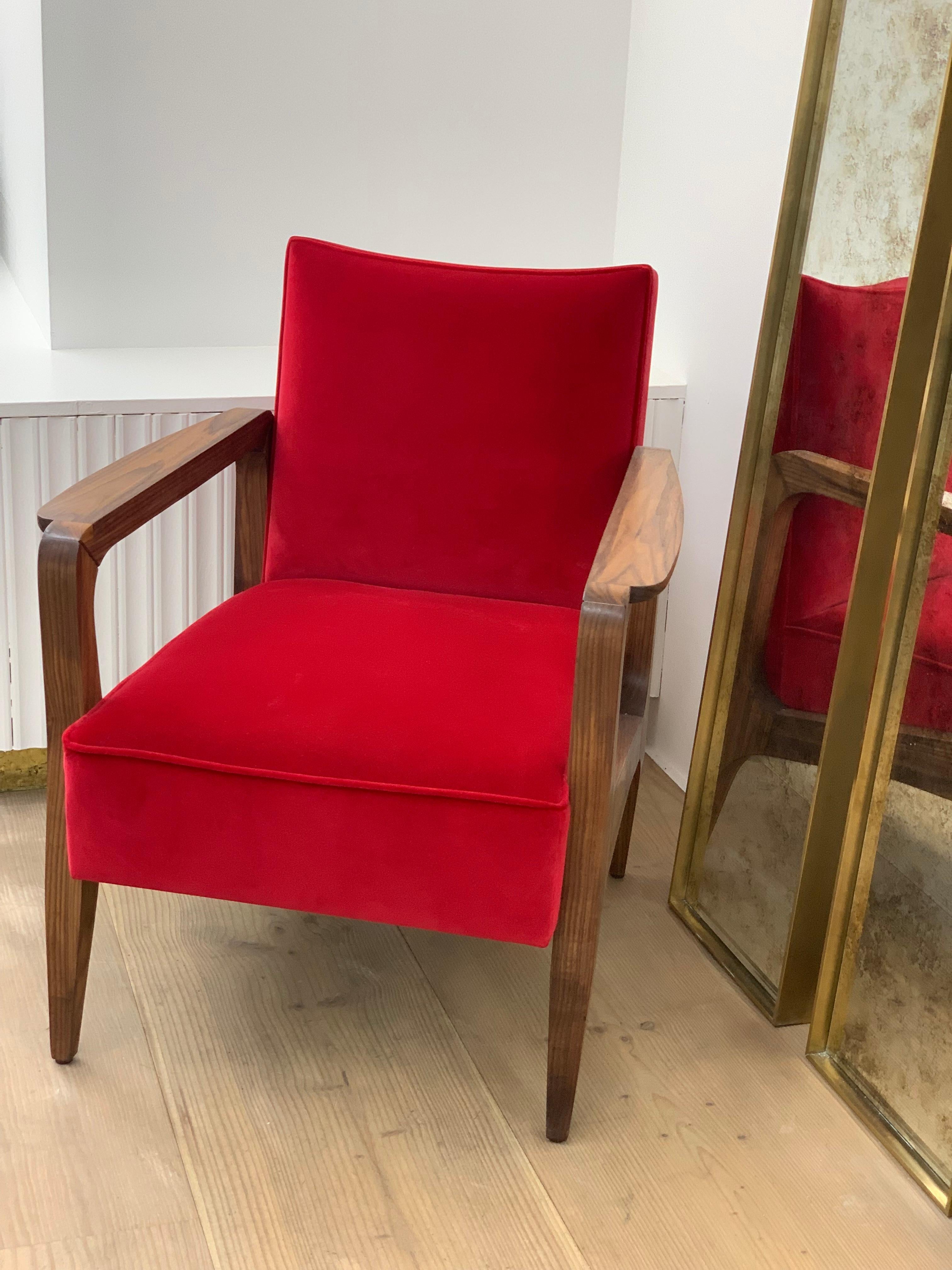 British Atena Armchair in Black American Walnut and Opera Red Velvet For Sale