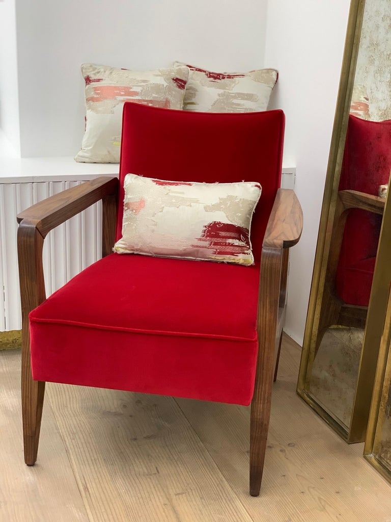 Art Deco Inspired Atena Armchair in Walnut and Opera Red Velvet For