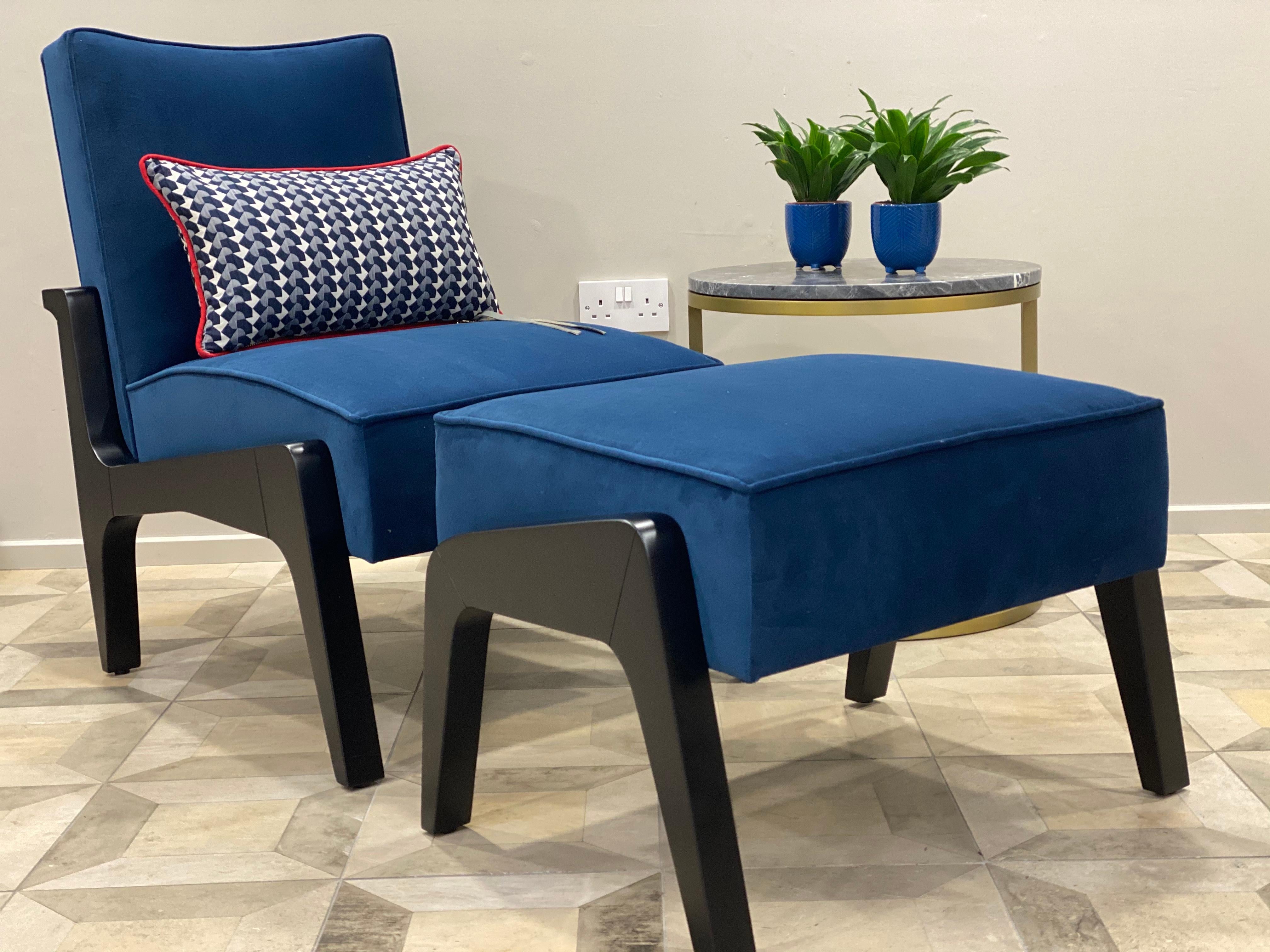 British Custom Made Atena Chair and Foot Stool, Black Ebony and Blue Notte Velvet For Sale