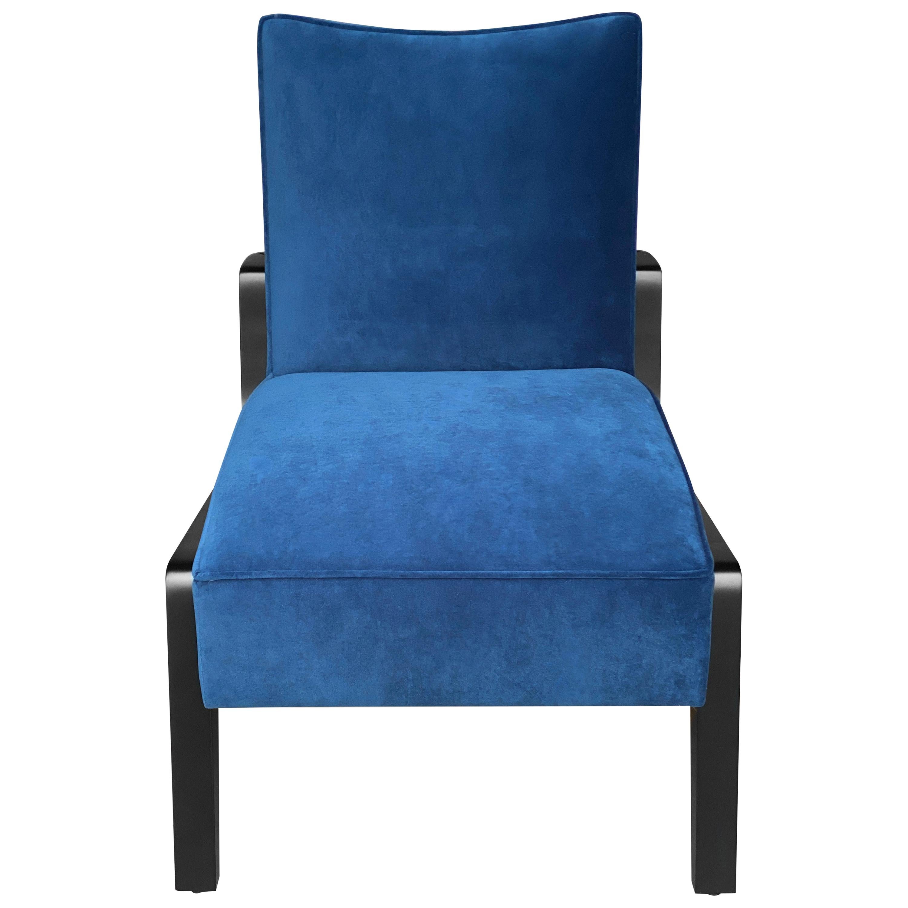 Custom Made Atena Chair and Foot Stool, Black Ebony and Blue Notte Velvet