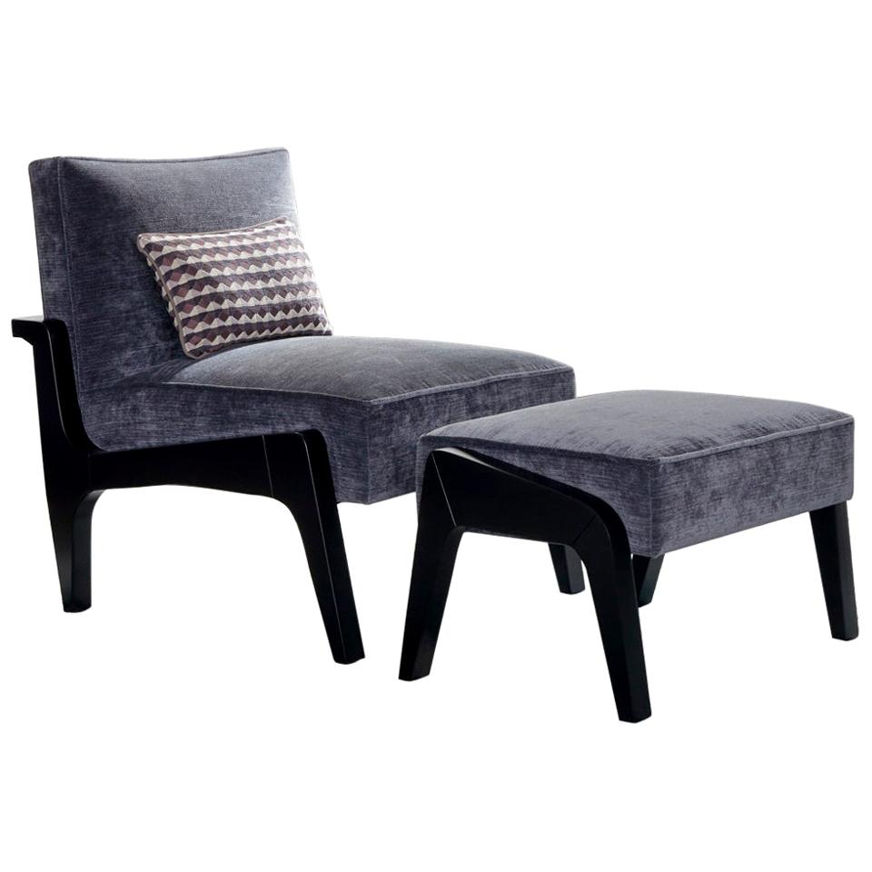 Art Deco Inspired Atena Chair and Foot Stool, Black Ebony and Grey Ribbed Velvet
