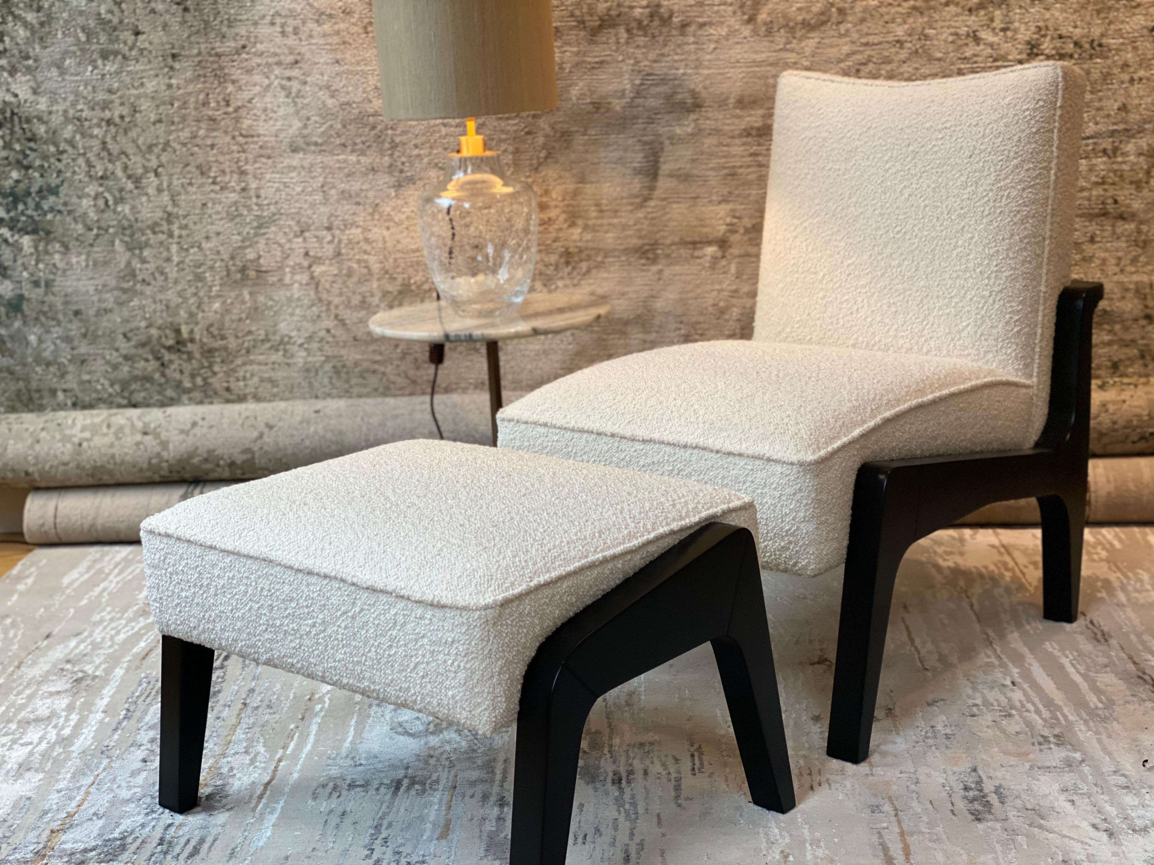 Velvet Custom Made Atena Chair and Foot Stool, Black Ebony and Boucle For Sale