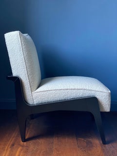 Custom Made Atena Chair and Foot Stool, Black Ebony and Boucle
