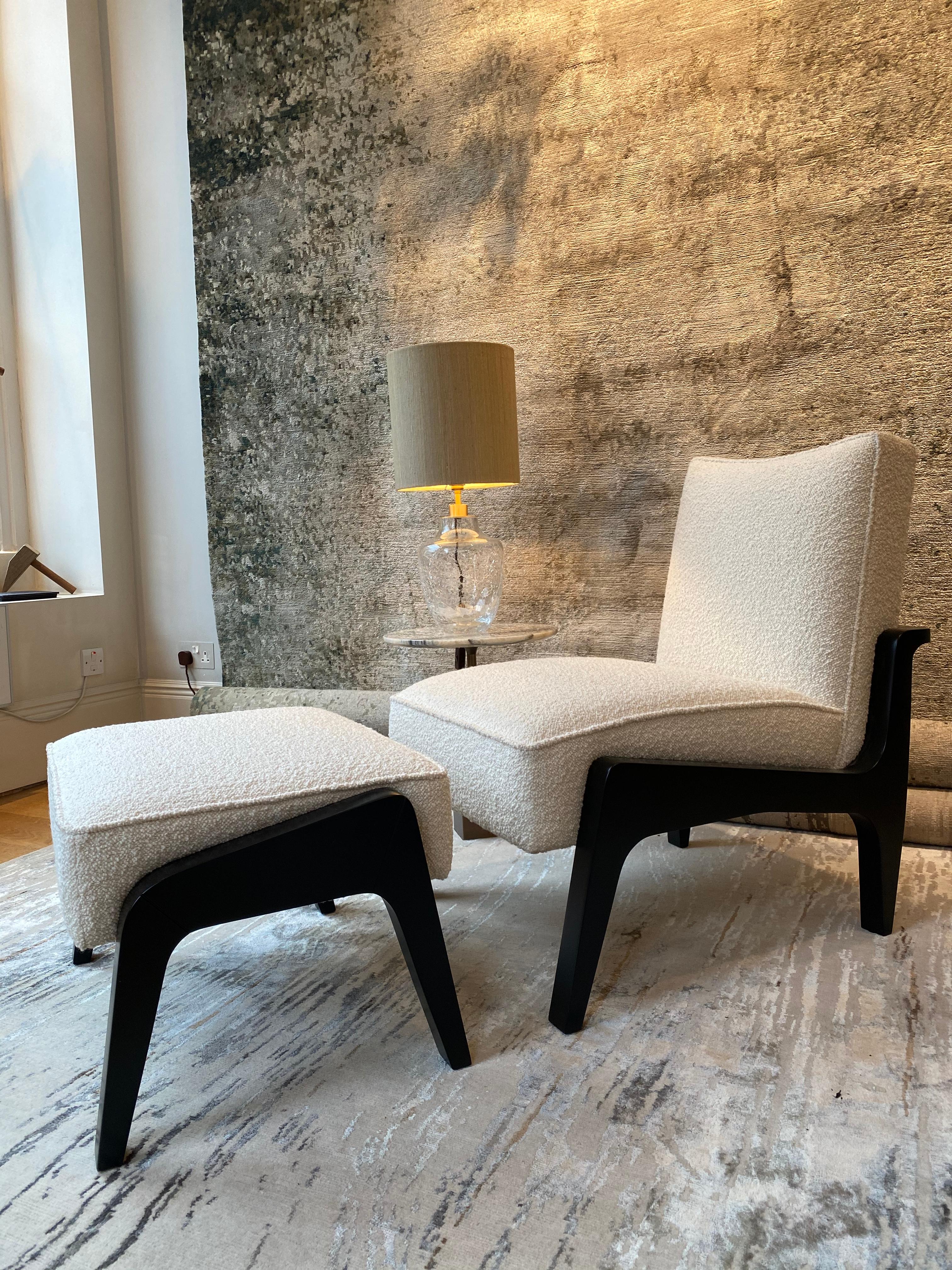 Art Deco Custom Made Atena Chair and Foot Stool, Black Ebony and Boucle For Sale