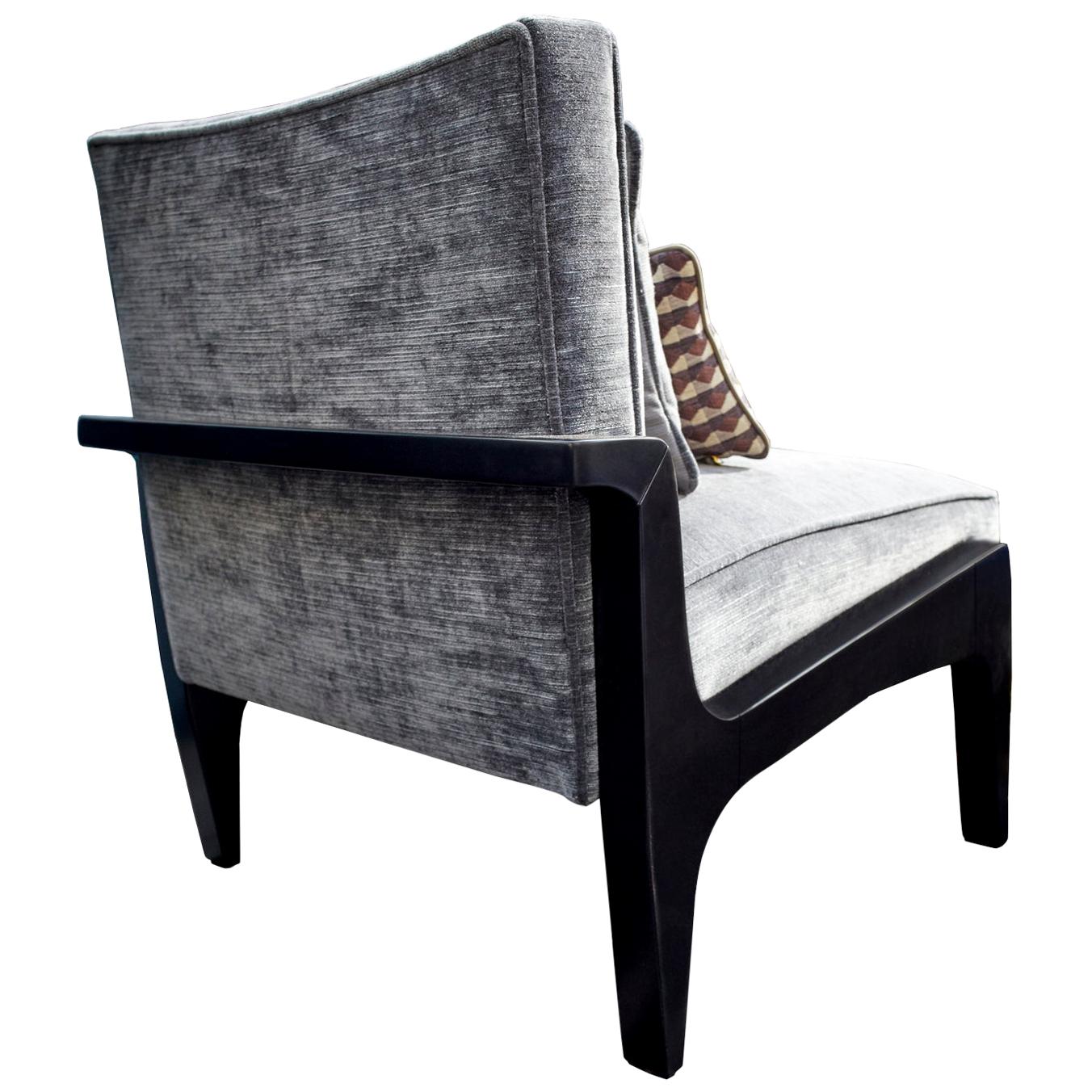 Custom Made Art Deco Inspired Atena Chair Black Ebony and Grey Ribbed Velvet For Sale