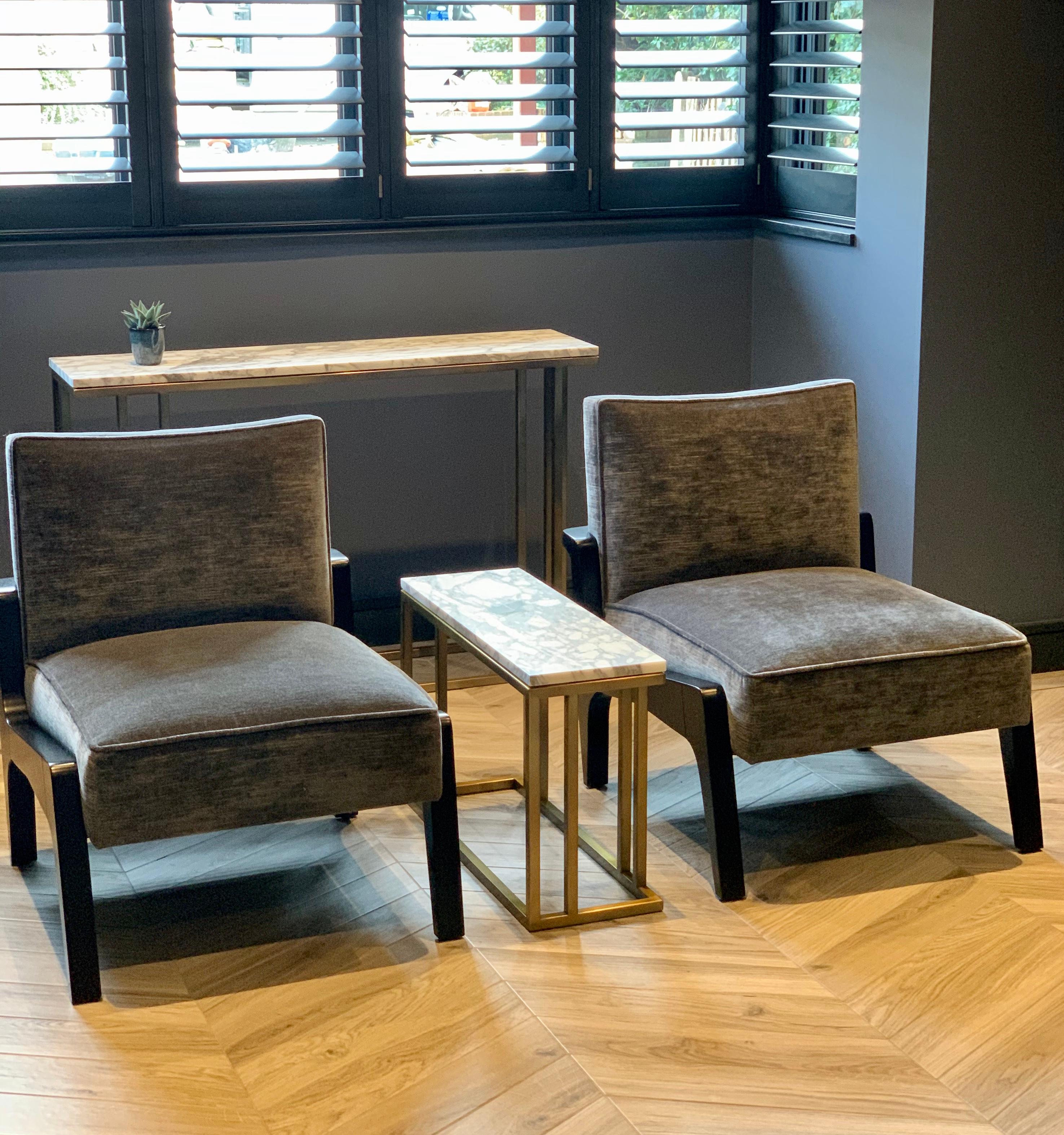 Art Deco Inspired Atena Chair and Foot Stool, Black Ebony and Grey Ribbed Velvet 5