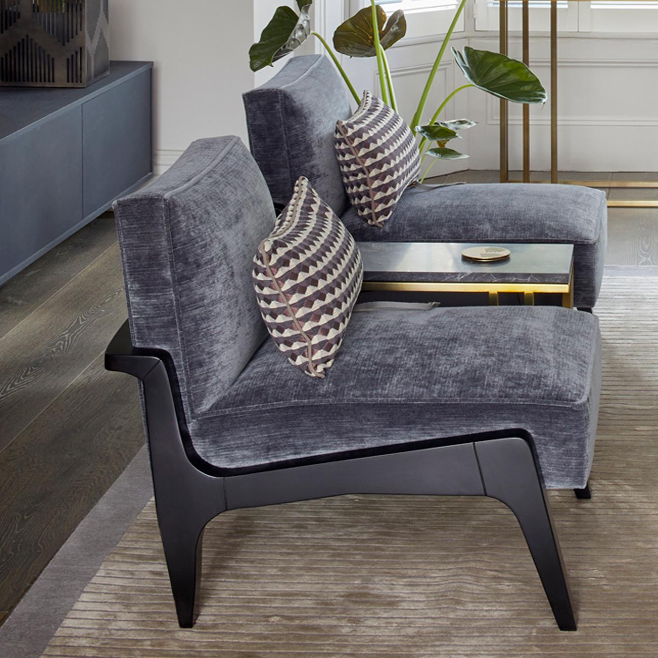 British Art Deco Inspired Atena Chair and Foot Stool, Black Ebony and Grey Ribbed Velvet