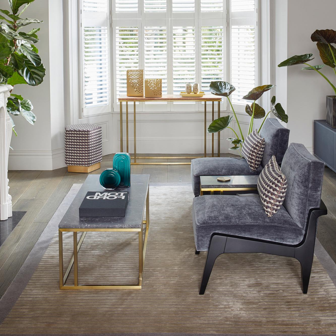 Contemporary Art Deco Inspired Atena Chair and Foot Stool, Black Ebony and Grey Ribbed Velvet