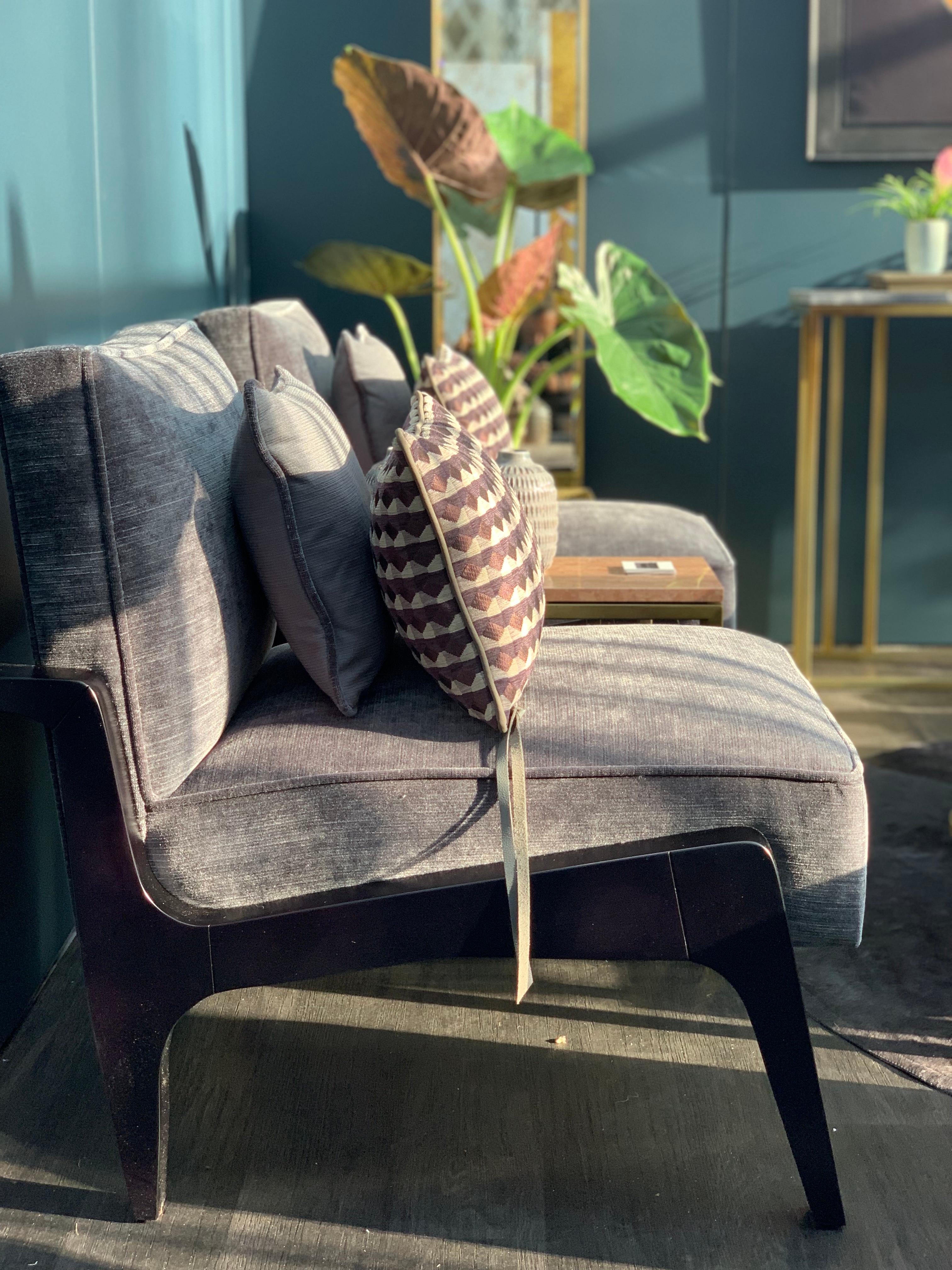 Art Deco Inspired Atena Chair and Foot Stool, Black Ebony and Grey Ribbed Velvet 1