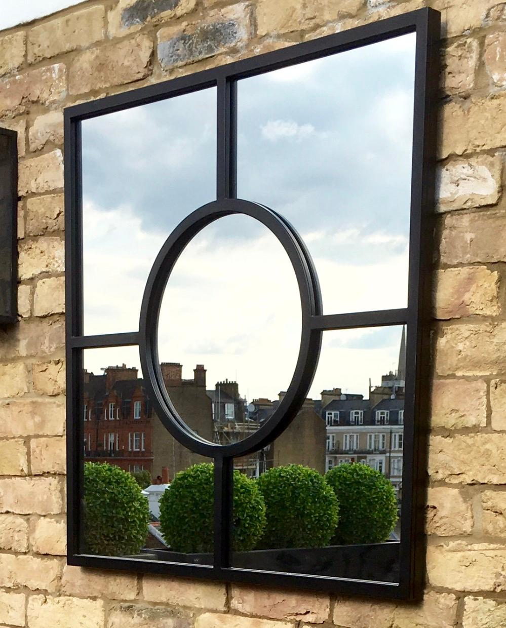 Powder-Coated Art Deco Inspired Bacco Mirror Squared in Pitch Black in Steel Powder Coated For Sale
