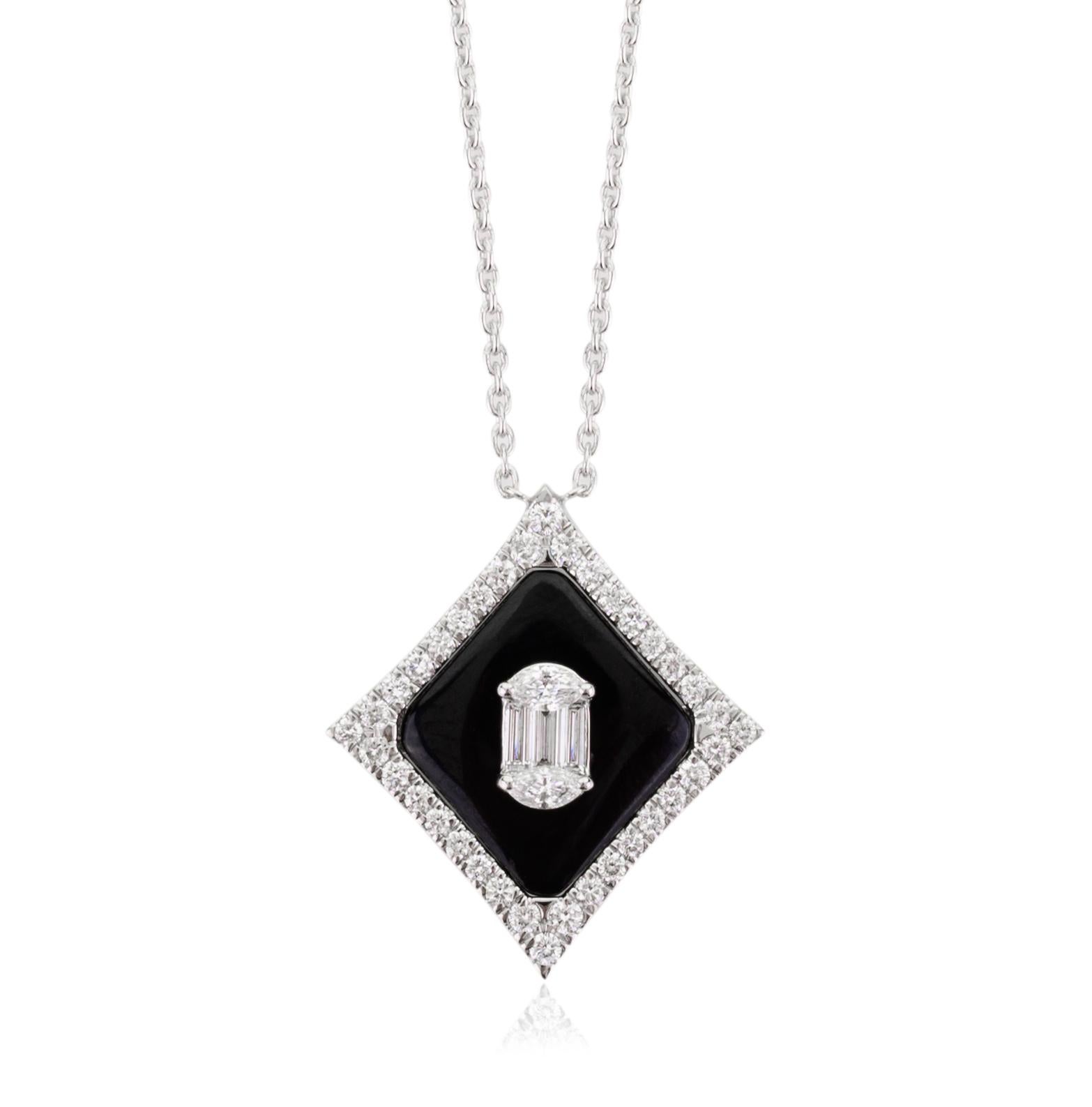 Mixed Cut Art Deco Inspired Black Onyx Diamond Pendant Necklace in 18k White Gold For Sale